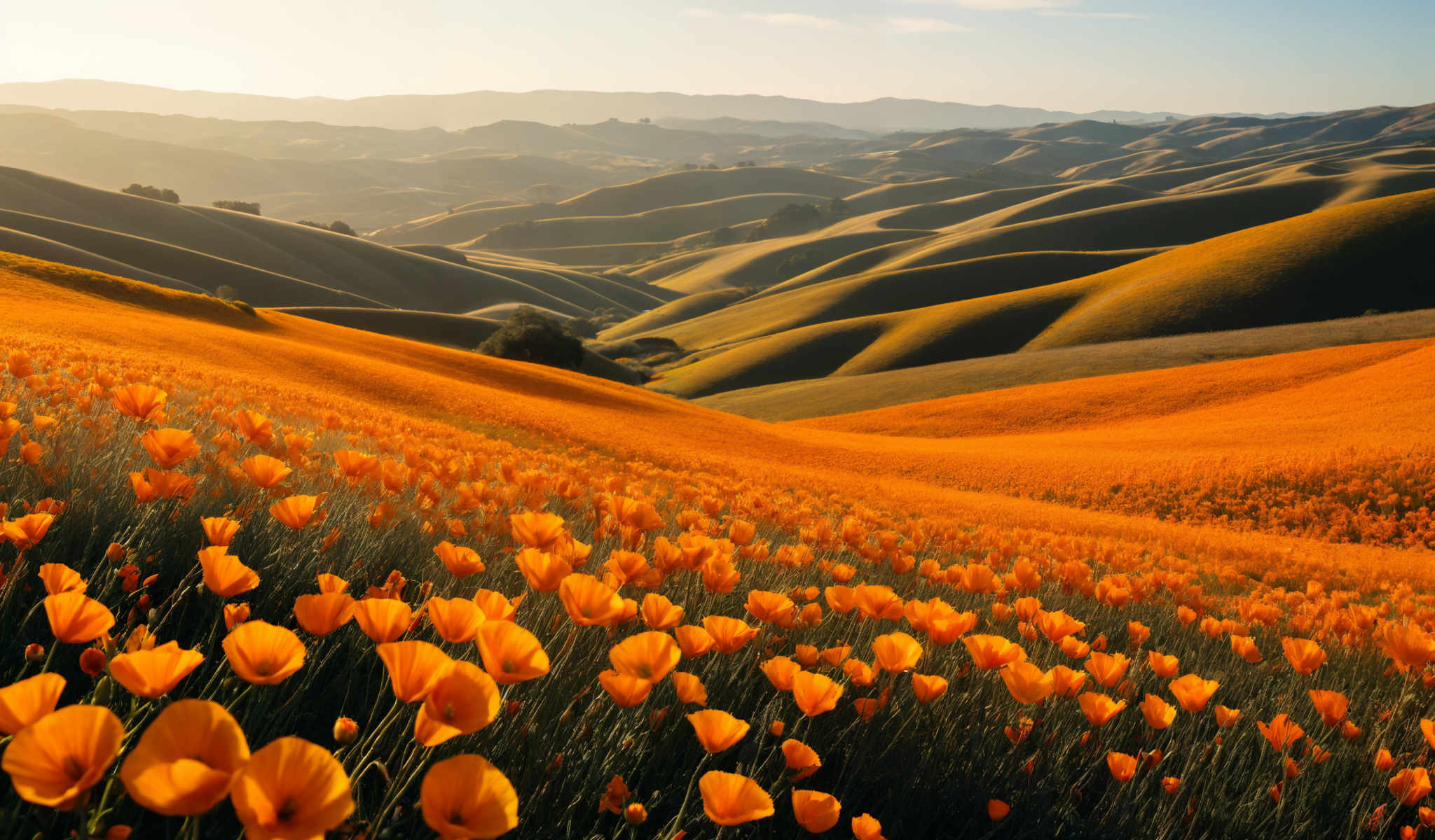 A field of bright orange flowers in full bloom.