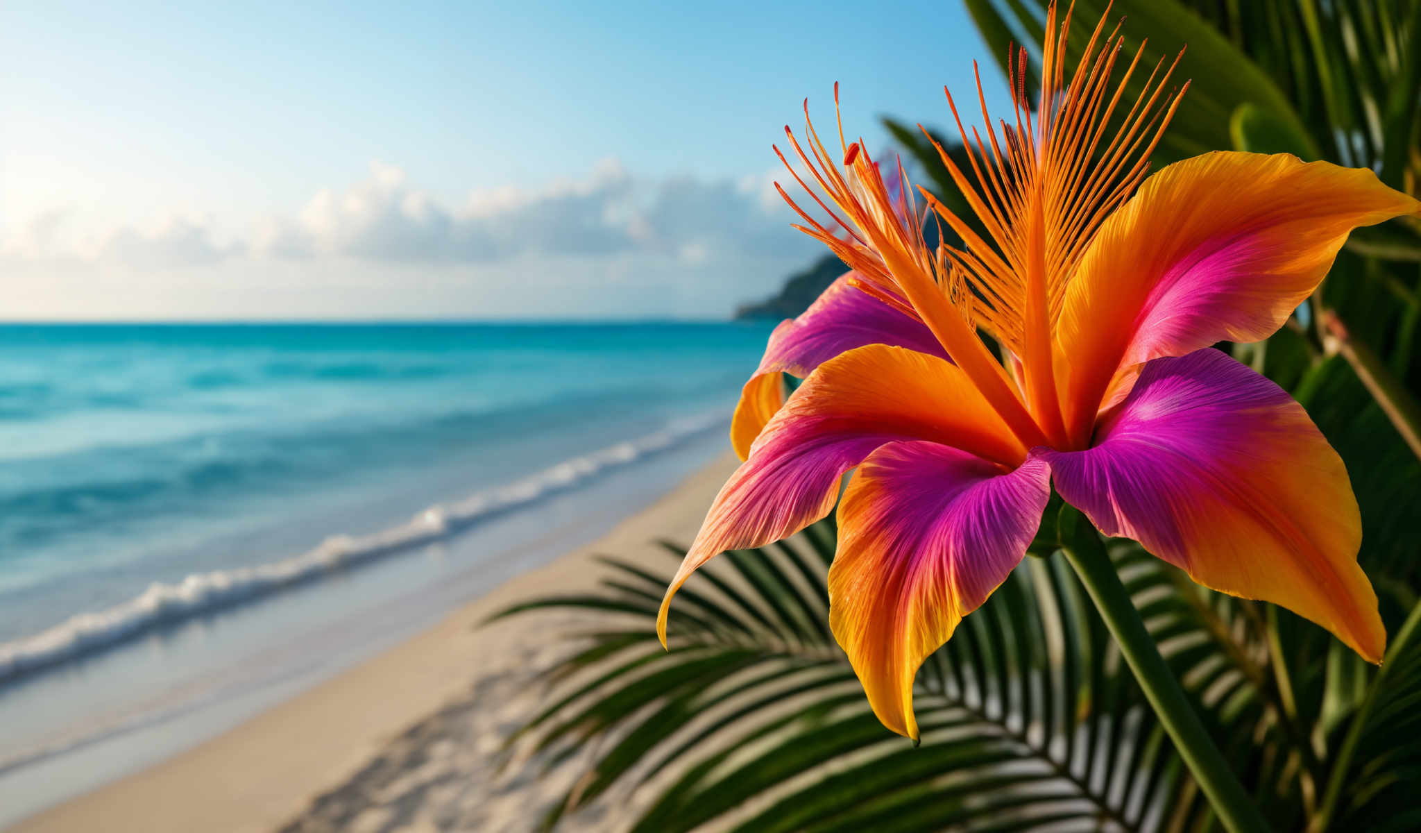 A vibrant flower with orange and yellow petals and a pink center.