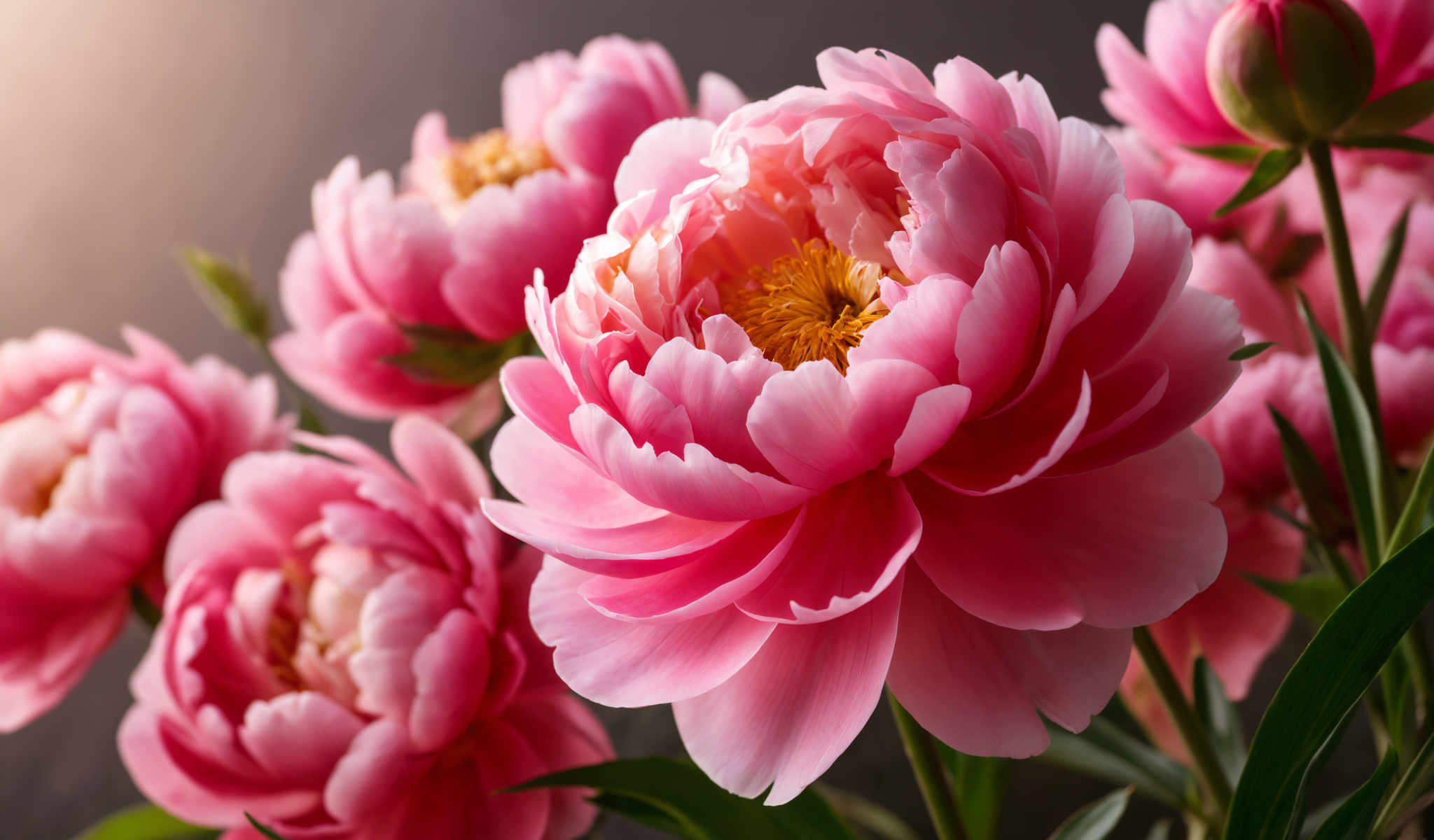 A beautiful bouquet of pink peonies with yellow centers.