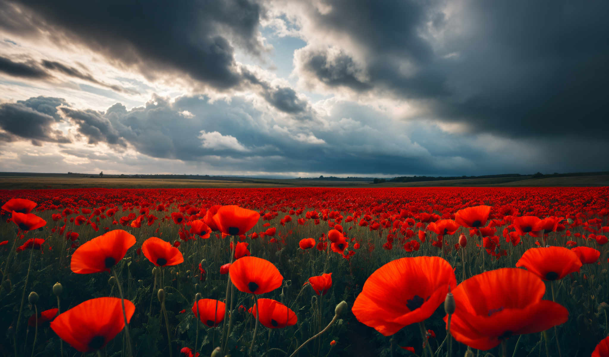 A field of red poppies under a cloudy sky.