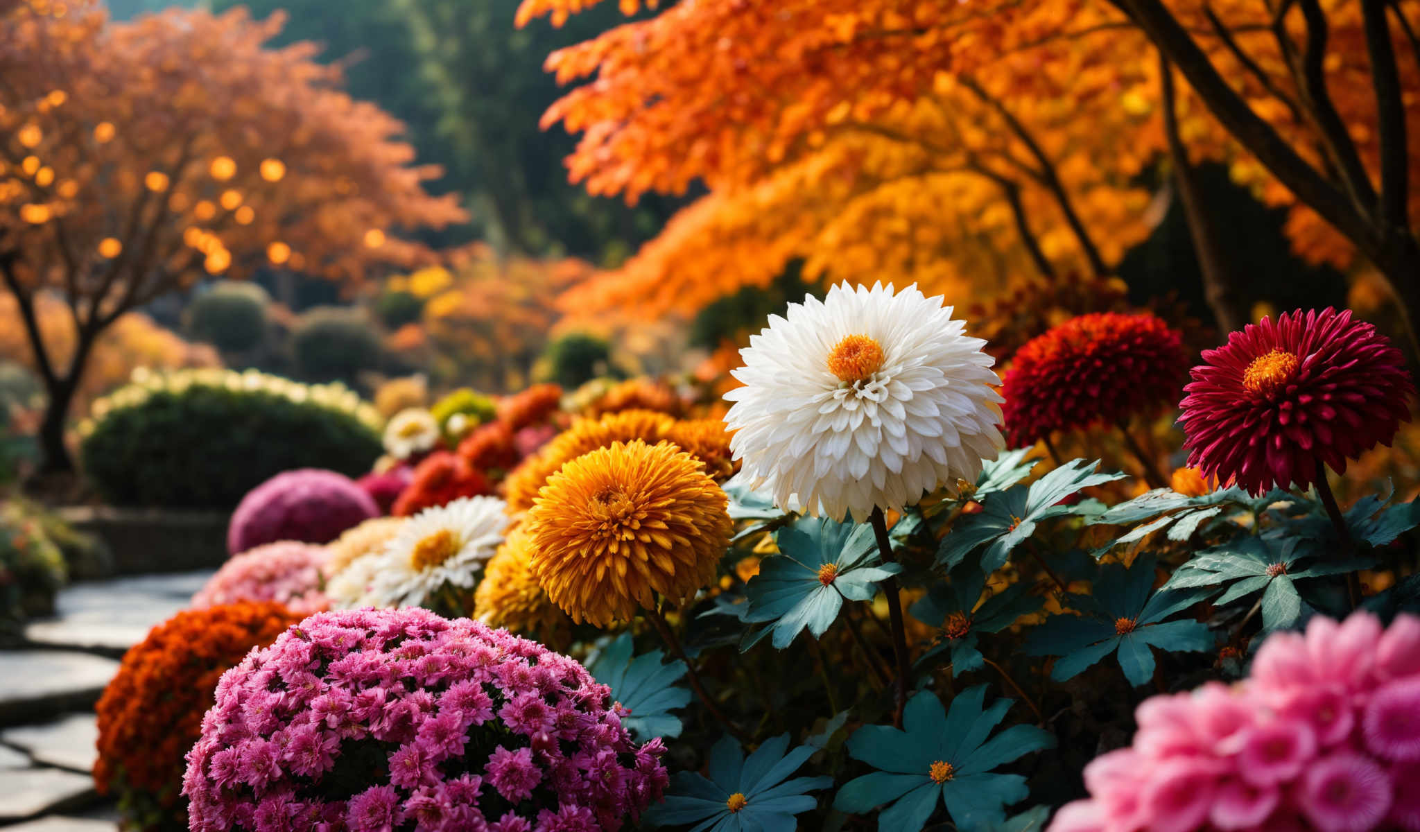 A vibrant display of flowers in various colors including pink orange and red. The flowers are in full bloom and are the main focus of the photo. The background is filled with trees and foliage providing a natural backdrop to the colorful flowers. The photo is taken from a low angle giving the viewer a unique perspective of the flowers. There are no people or man-made objects in the photo just the beauty of nature captured in a single frame.