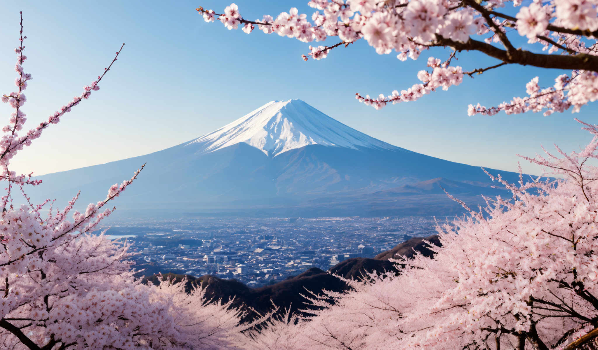 A beautiful view of Mount Fuji in Japan. The mountain is covered in snow and is surrounded by cherry blossom trees. The sky is clear and blue and the city below is bustling with activity.