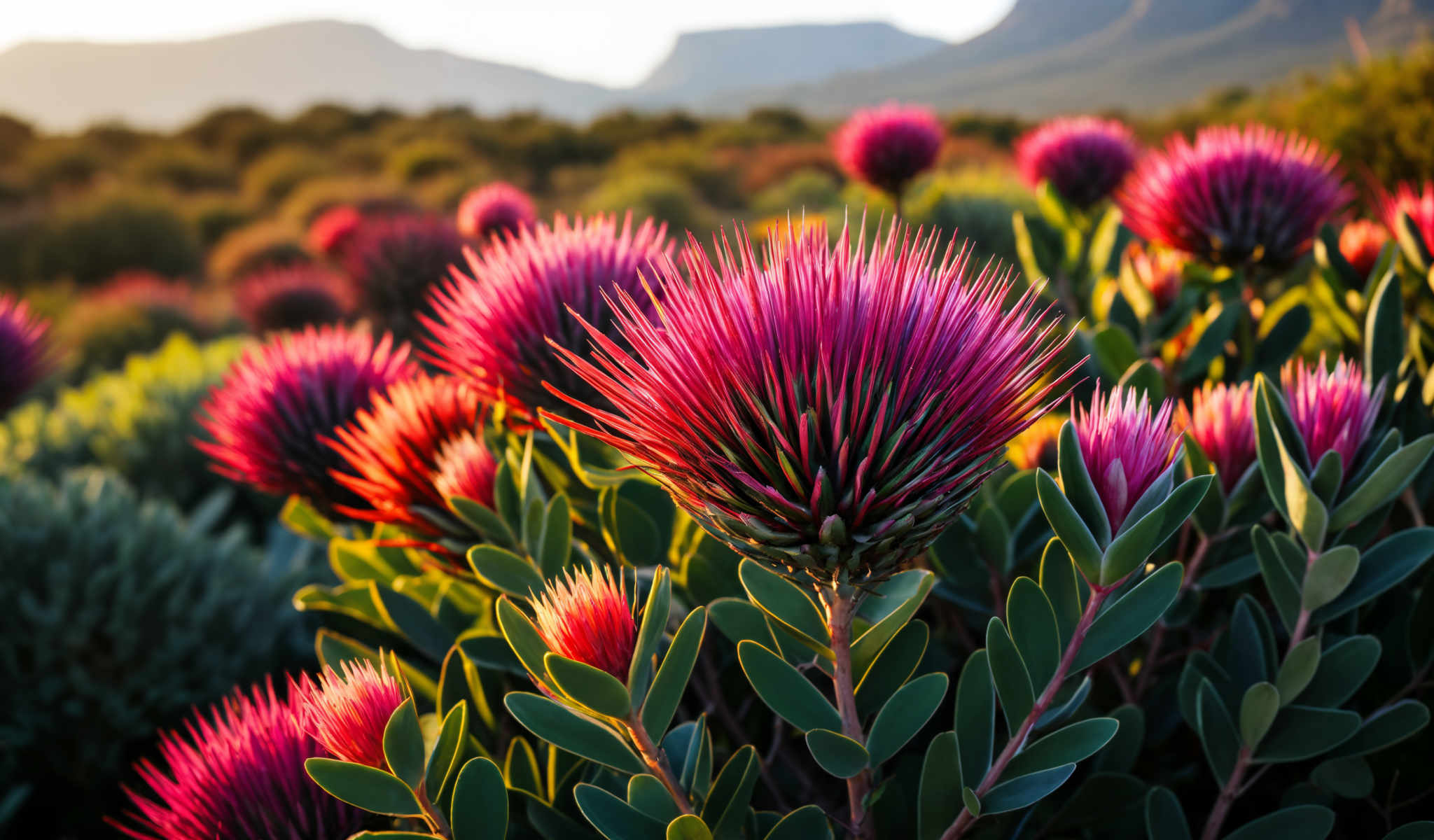 The image captures a vibrant scene of nature. At the heart of the scene is a cluster of flowers their petals a striking shade of pink. Each flower is densely packed with numerous petals creating a captivating display of color and form. The flowers are surrounded by a lush expanse of green leaves their verdant hues providing a stark contrast to the pink of the flowers. The leaves are scattered around the flowers some partially obscuring the view of the blooms adding a sense of depth and complexity to the image.

The background of the photo is a hazy blue sky its serene color providing a calming backdrop to the vivid colors of the foreground. In the distance a mountain range can be seen its majestic peaks adding a touch of grandeur to the scene. The mountains are far off their details softened by the distance.

The image is taken from a low angle looking up at the flowers and leaves. This perspective gives the flowers a sense or prominence making them the focal point of the composition. The low angle also allows for a clear view of both the flowers in the foreground and the mountains in the background creating an interesting juxtaposition of close-up detail and distant landscape.

Overall the image is a beautiful representation of nature