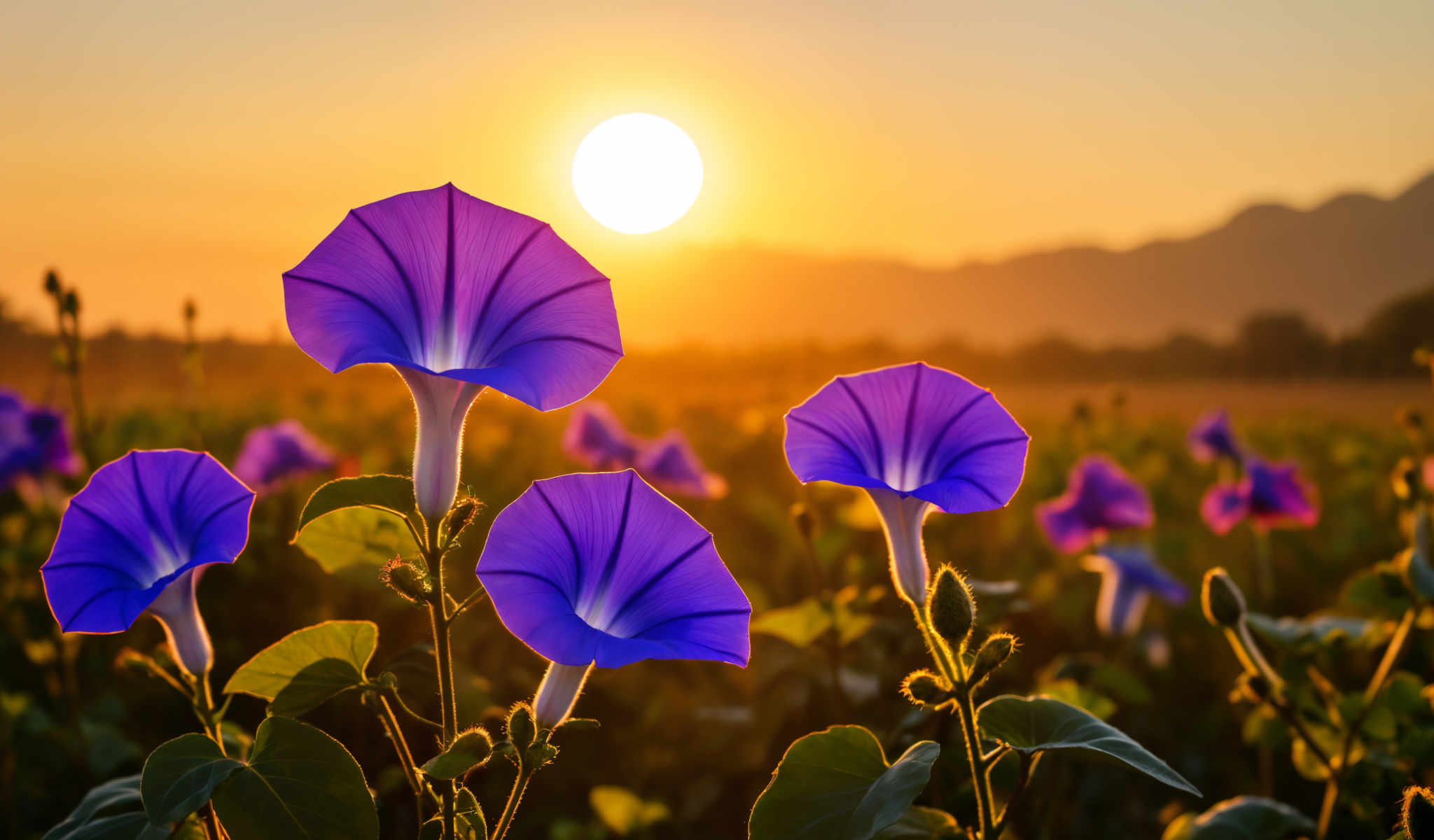 The image captures a serene scene of a field of flowers bathed in the warm glow of a setting sun. The flowers in hues of purple and white are arranged in a diagonal line creating a sense of depth and perspective. The sun a radiant orb of light is positioned in the top left corner of the frame casting long shadows and bathing the scene in a soft golden light. The background is a hazy blue sky adding a touch of tranquility to the scene. The image is a beautiful representation of nature's beauty captured in a moment of calm and serenity.