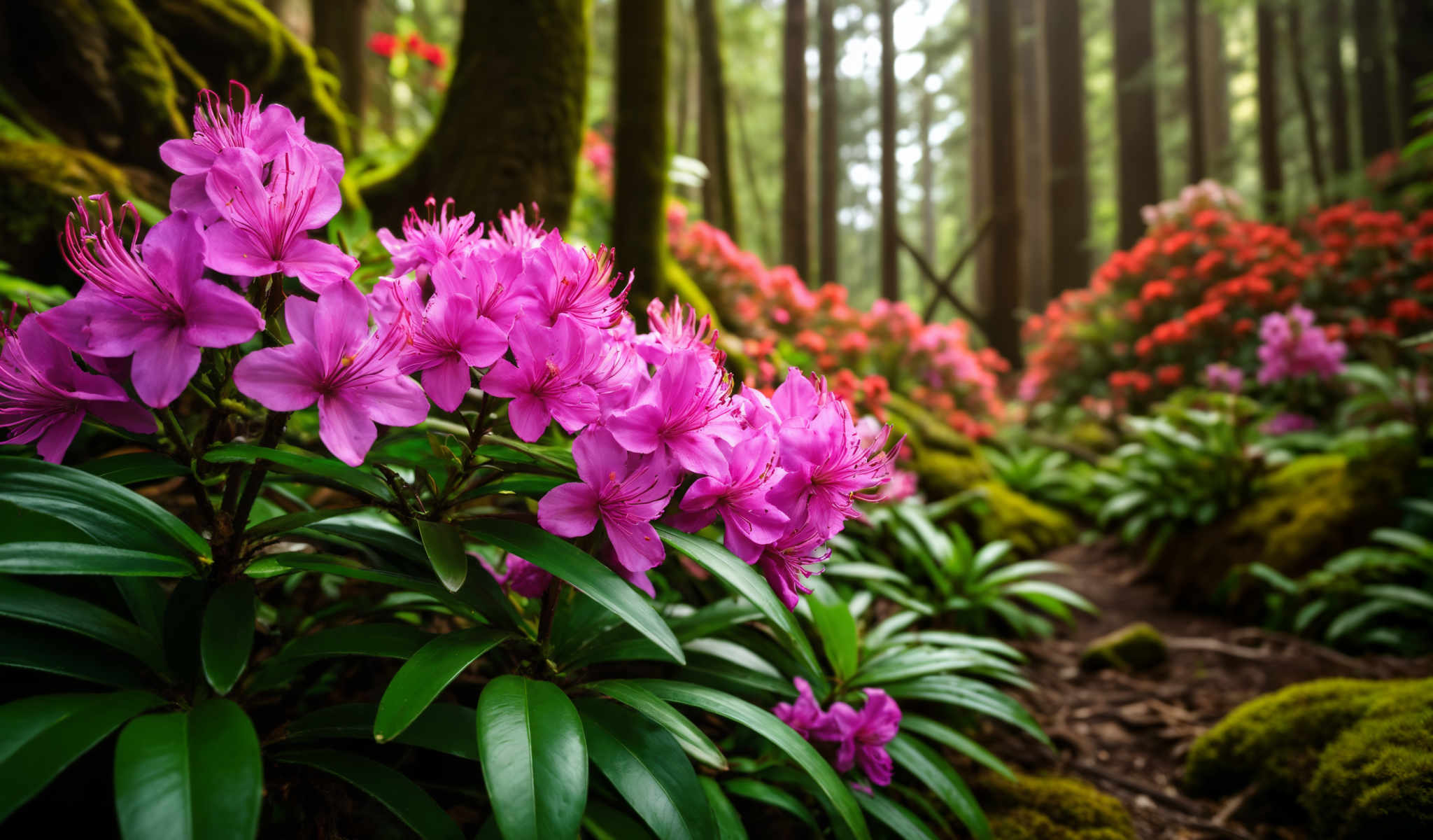 A cluster of pink flowers in a forest.