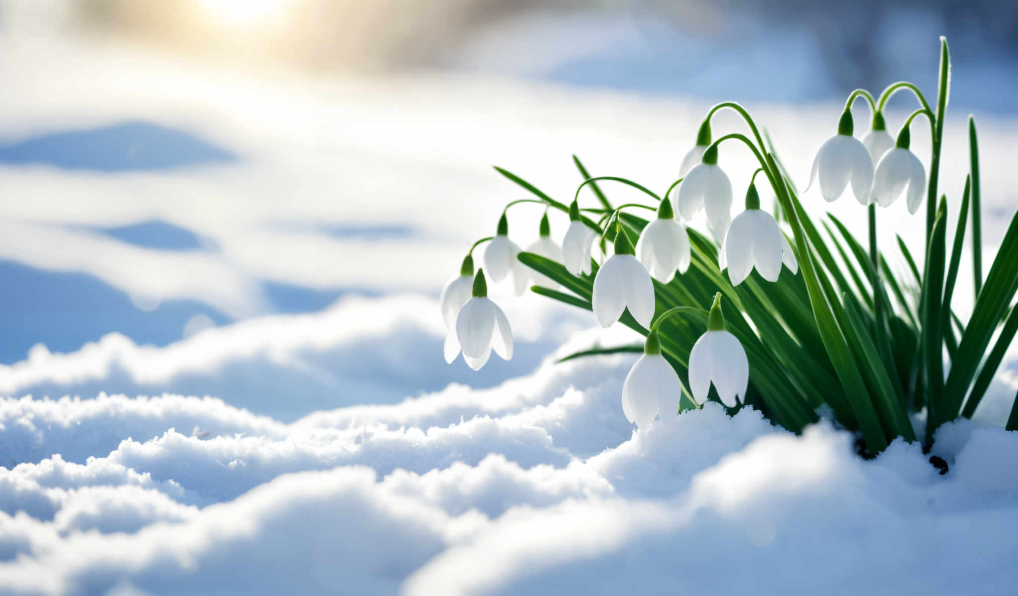 A cluster of snow white daffodils in a snowy field.