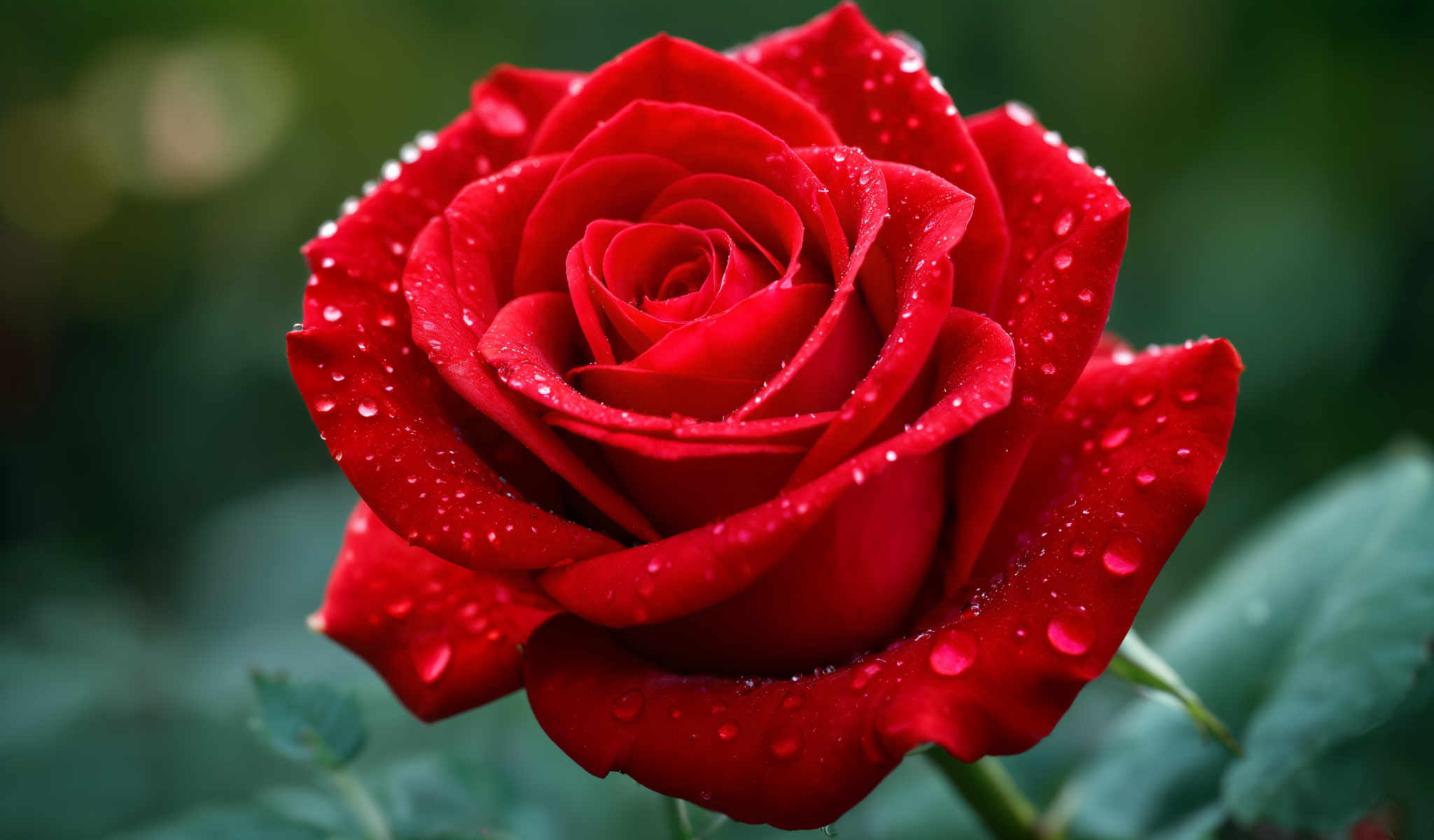 A close up of a red rose with water droplets on its petals.