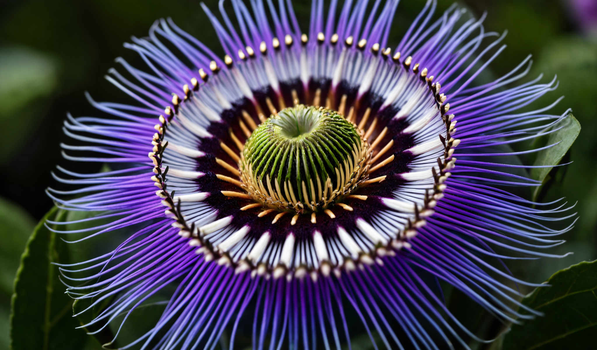 A purple flower with a green center.