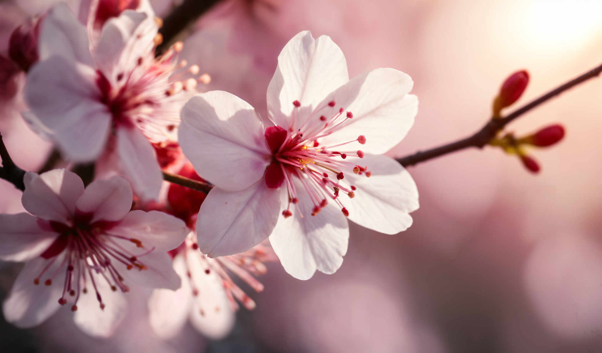 A close up of a cherry blossom tree with white and pink flowers.