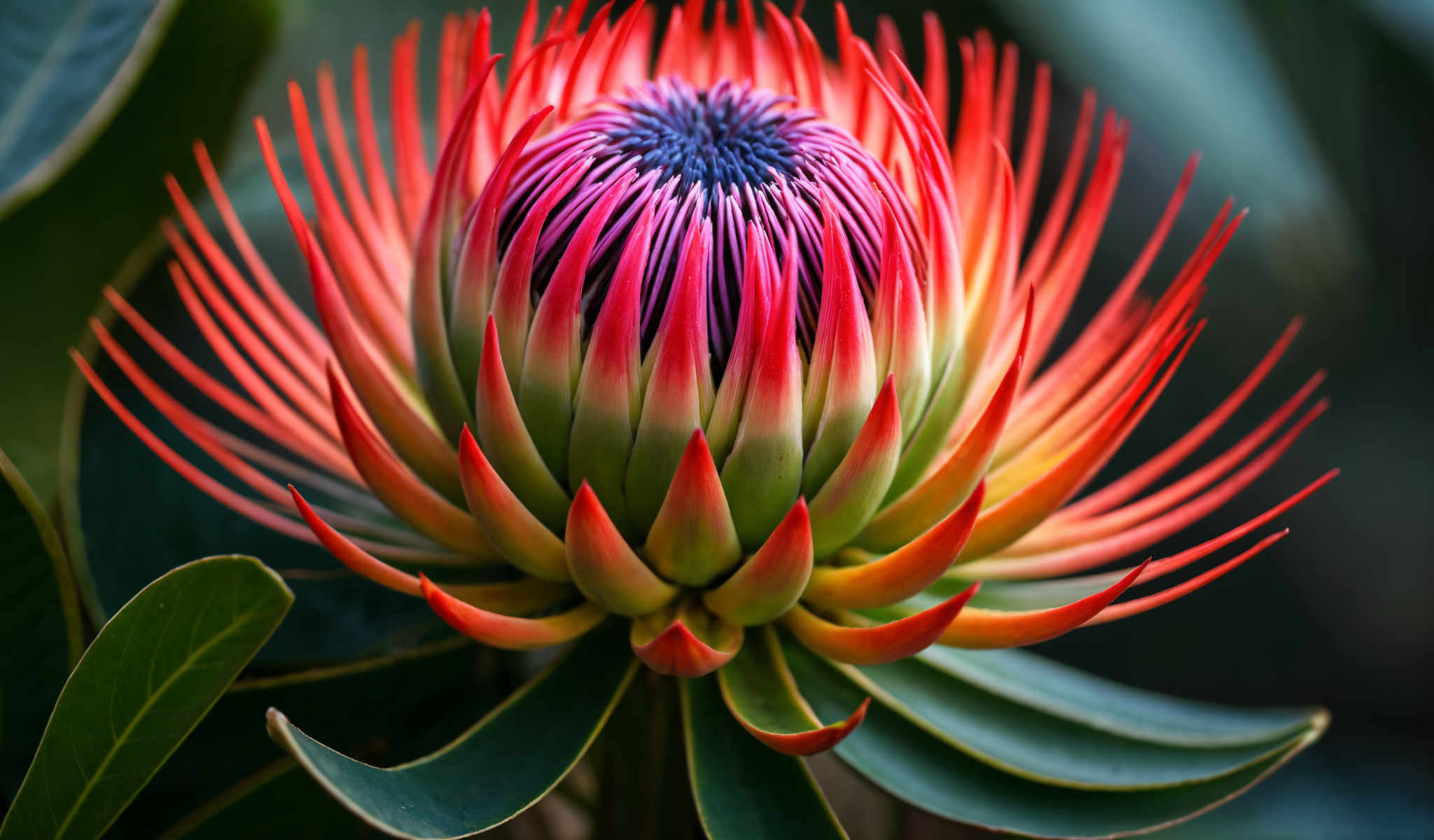 A vibrant red and yellow flower with a purple center.