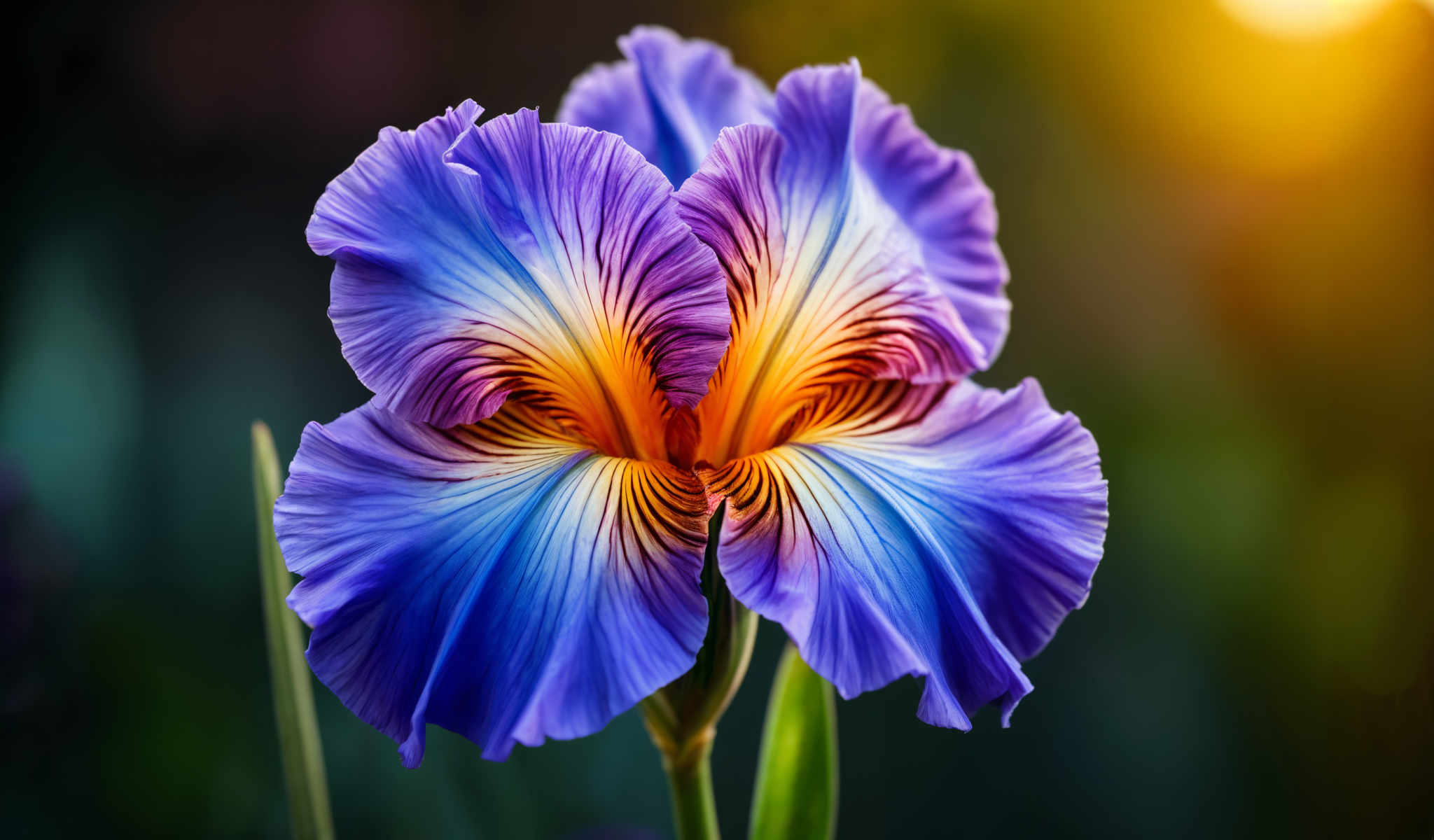 A beautiful purple flower with yellow and orange stripes in the center.