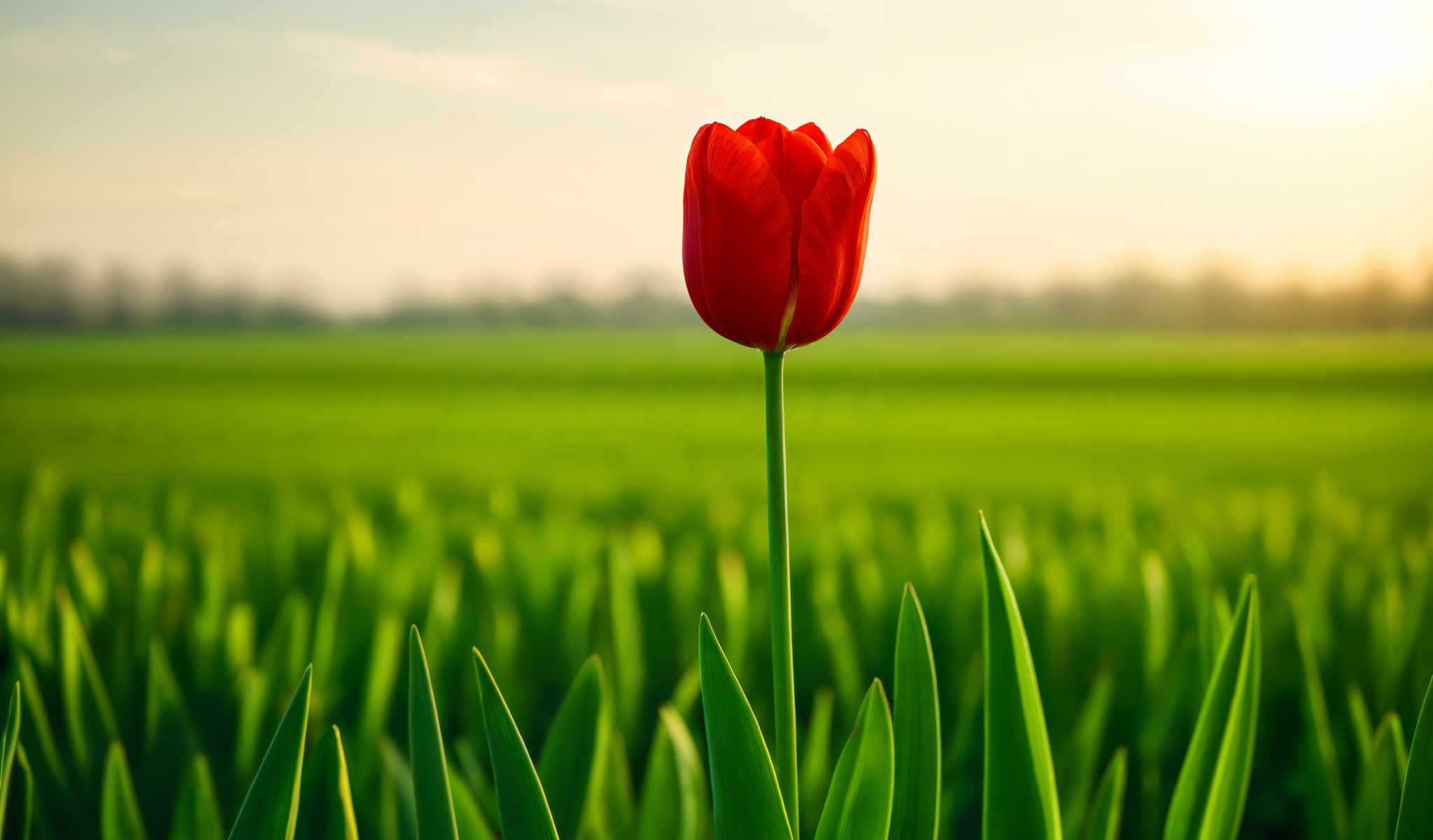 A single red tulip stands out in a field of green grass.