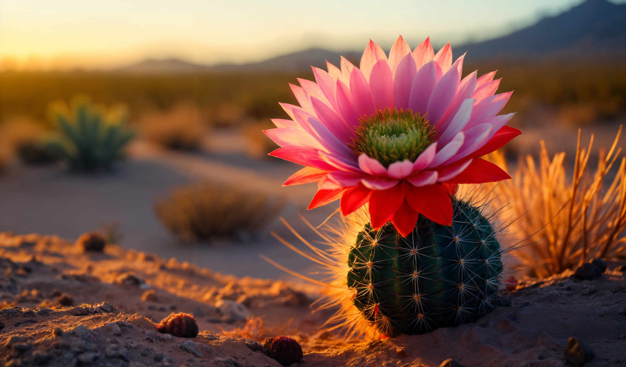 A pink flower with a yellow center sits on a cactus in a desert.