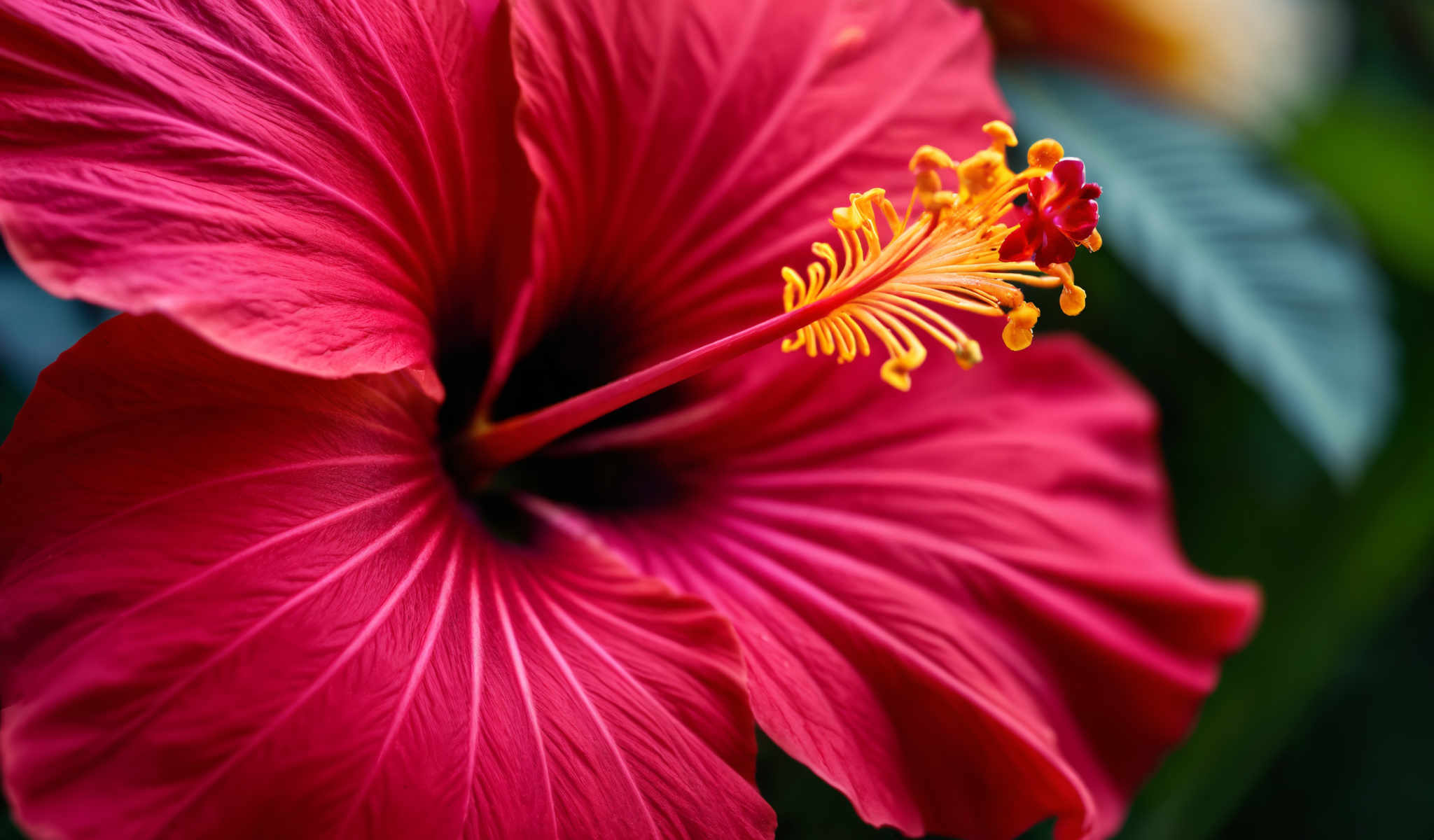 A close up of a red hibiscus flower with yellow stamens.