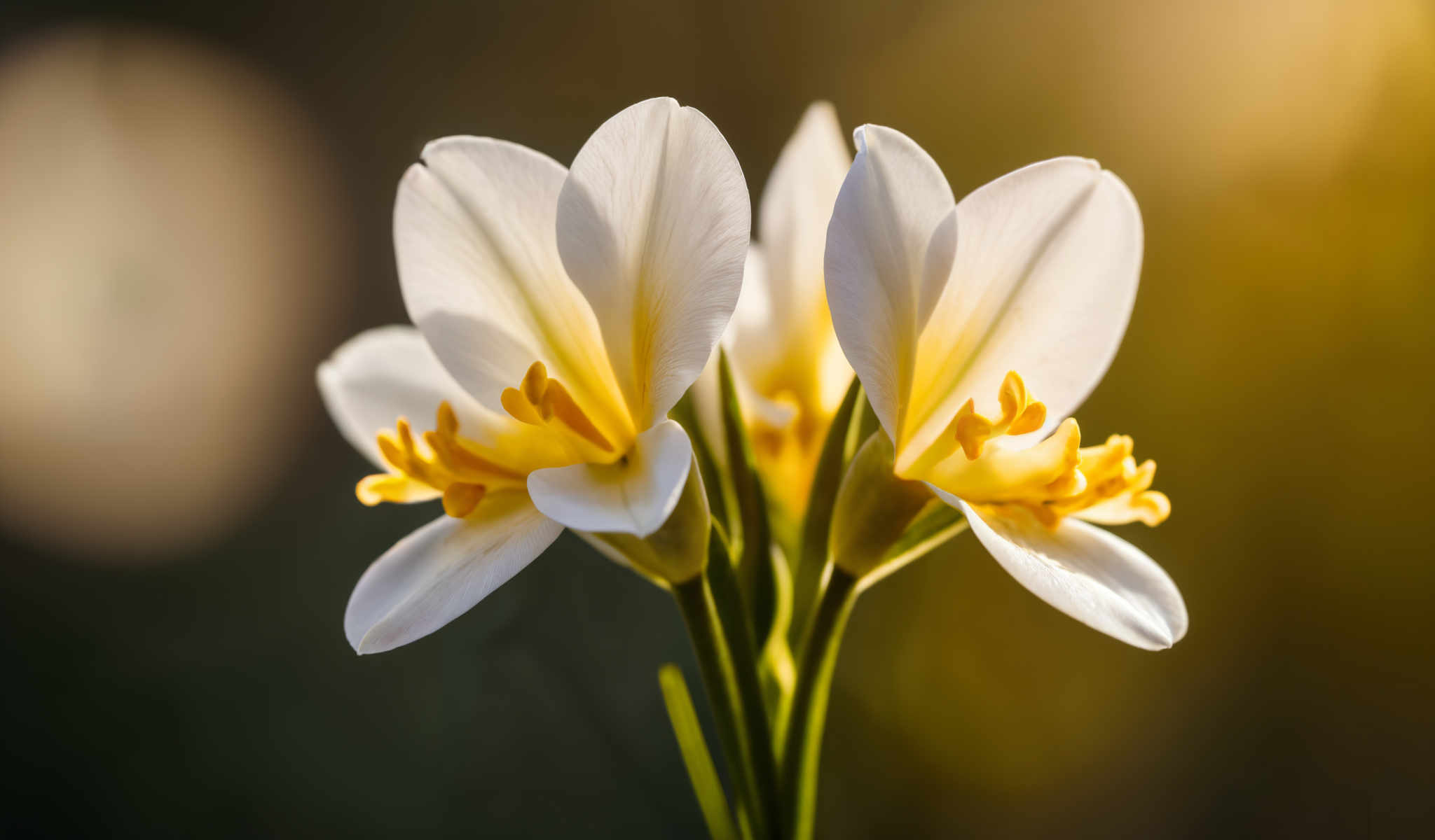 A close up of a white flower with yellow stamens.