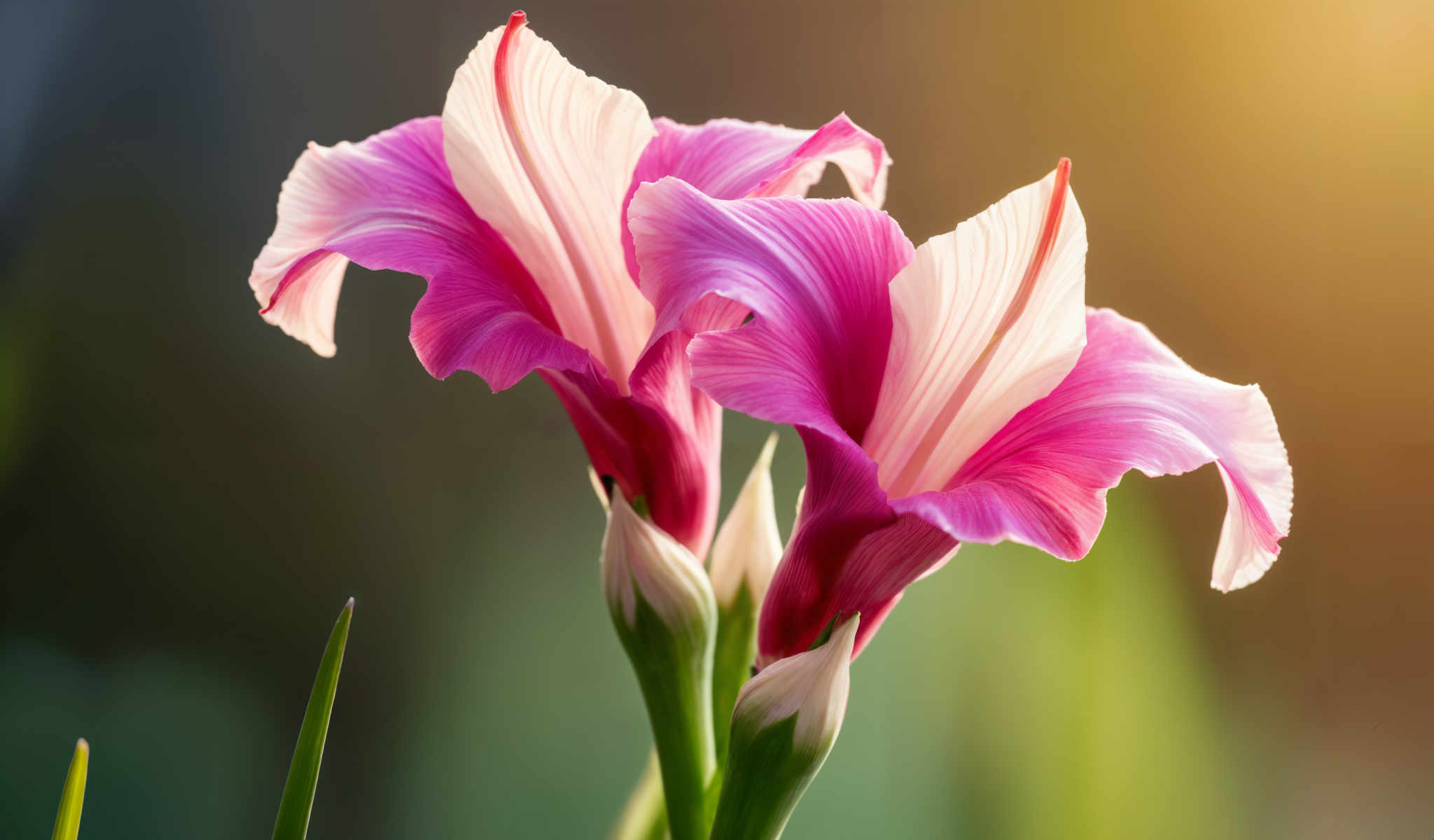 A close up of a pink and white flower with green stems.