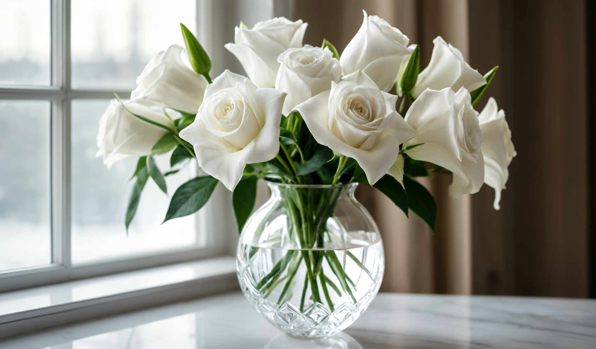 A bouquet of white roses in a glass vase.