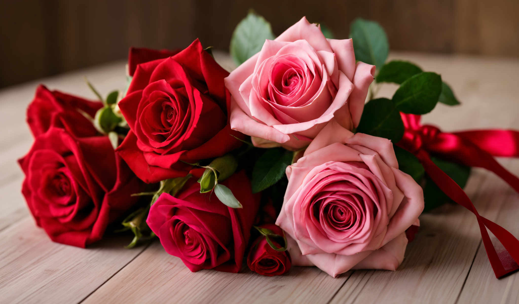 A bouquet of roses in shades of pink and red.