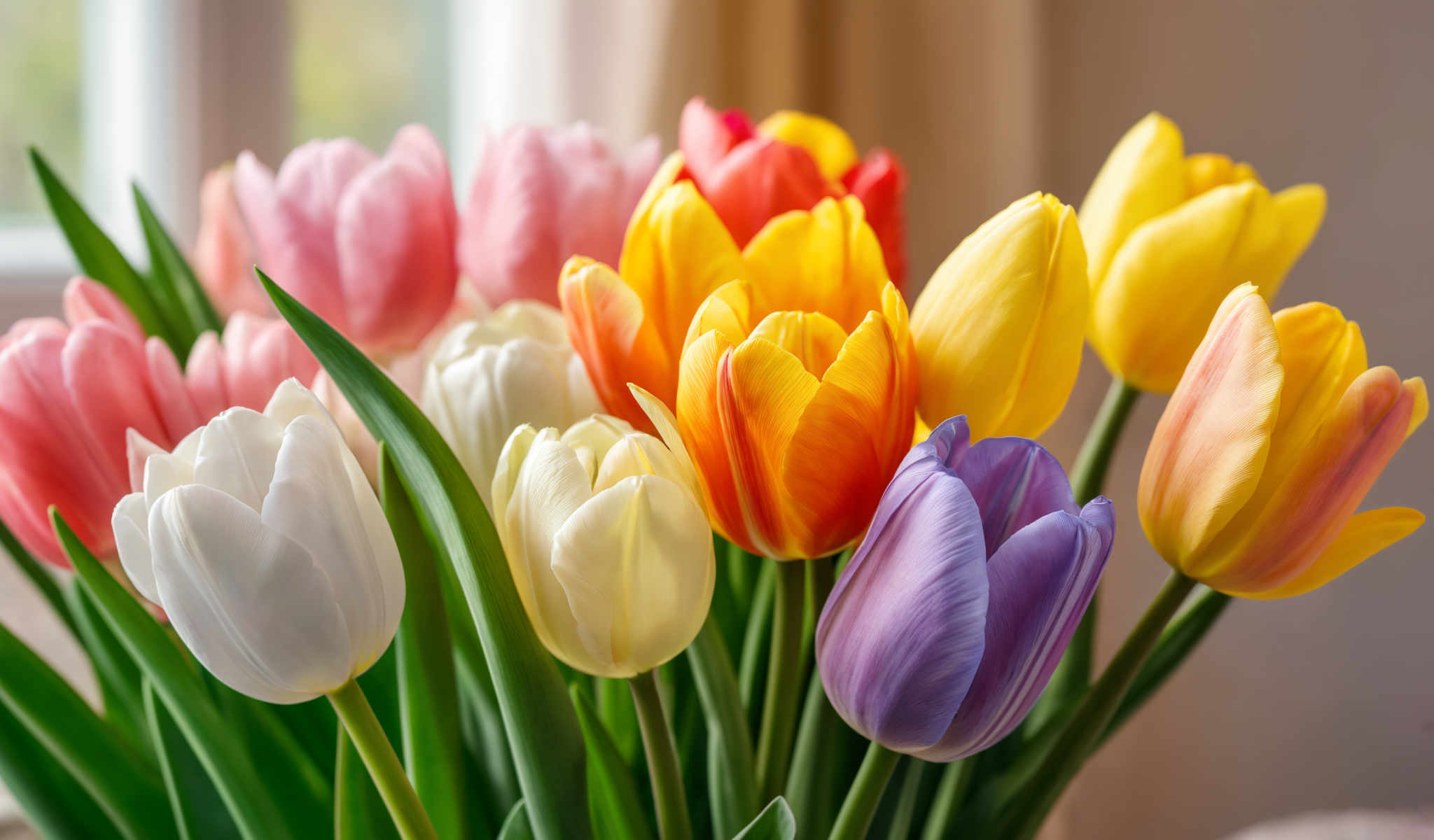 A bouquet of tulips in various colors including pink yellow orange purple and white.