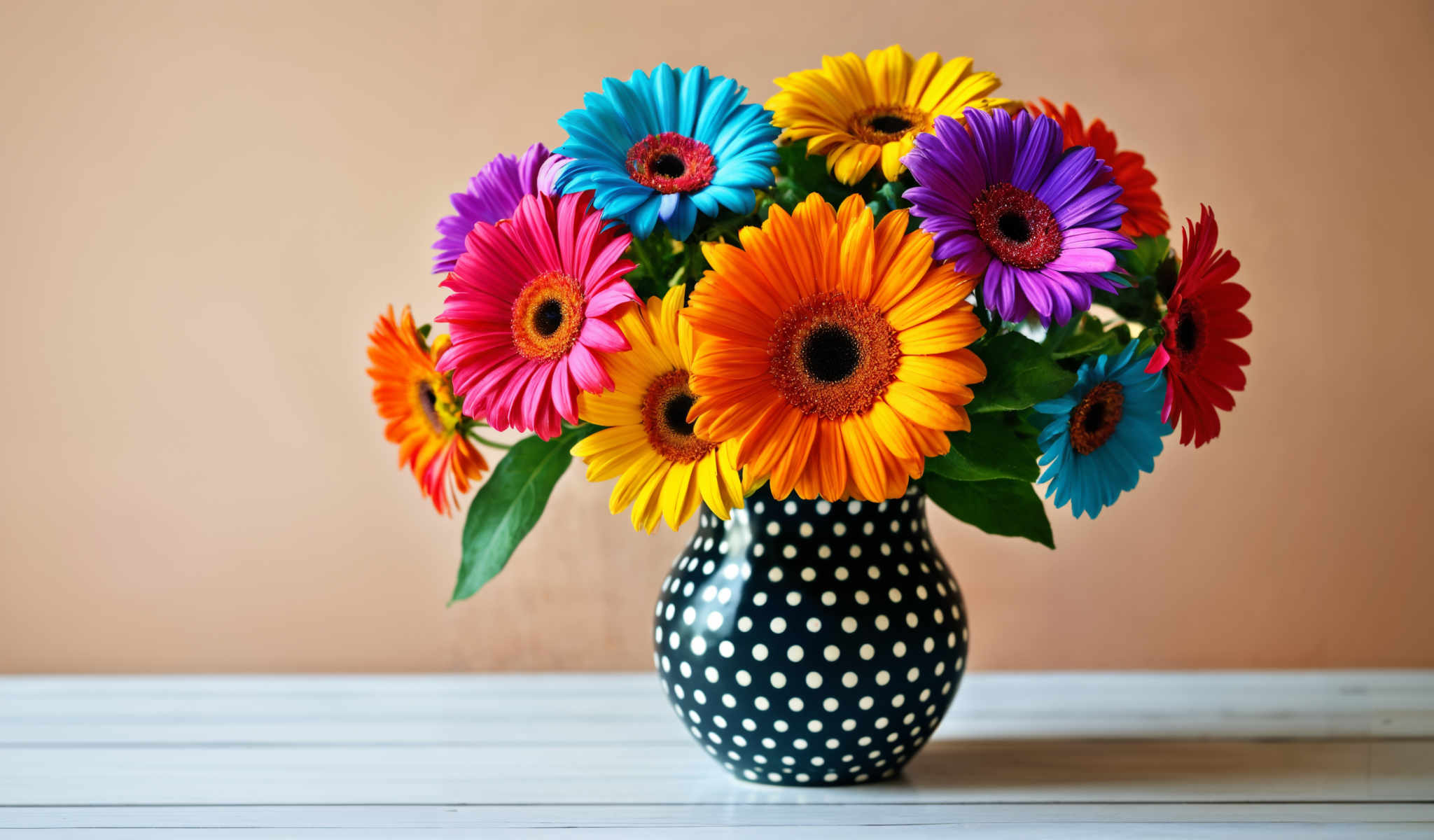 A bouquet of colorful daisies in a black and white polka dot vase.