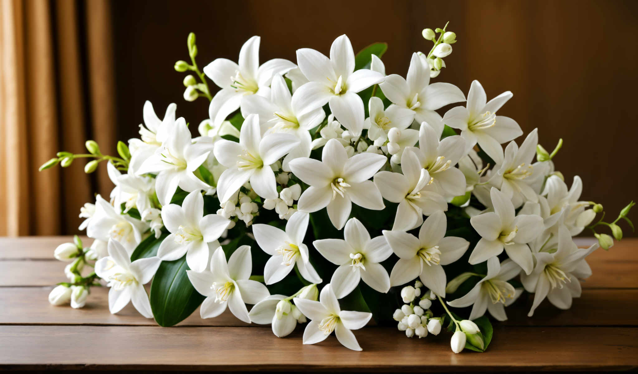 A bouquet of white lilies with green leaves.