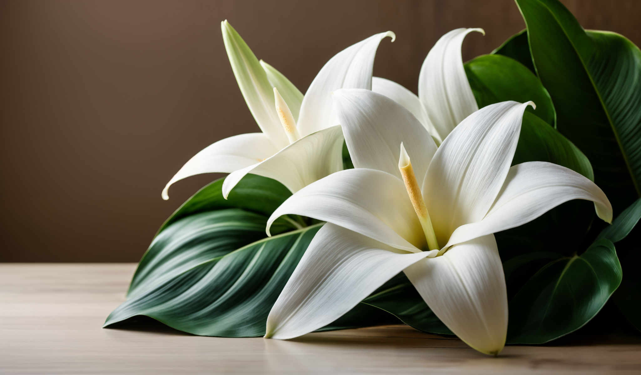 A bouquet of white lilies with green leaves.