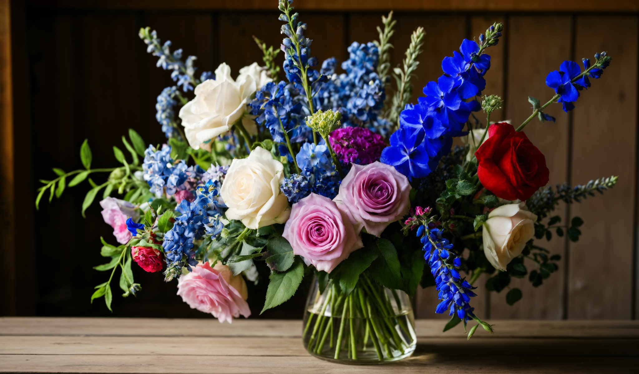 A beautiful bouquet of flowers in a glass vase. The bouquet is a mix of roses blue flowers and purple flowers. The roses are white and pink the blue flowers are blue and purple and the purple flowers are pink and purple. The vase is made of clear glass and has a green stem. The flowers are arranged in a way that they are all visible and the stems are hidden. The background is a wooden wall.