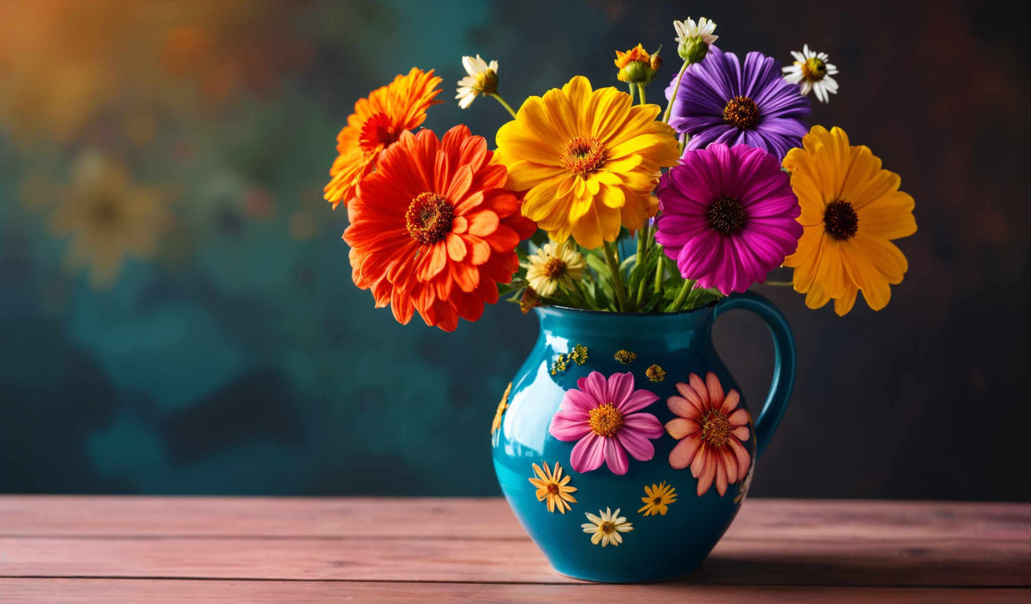 A blue vase with flowers painted on it is filled with a variety of colorful flowers.