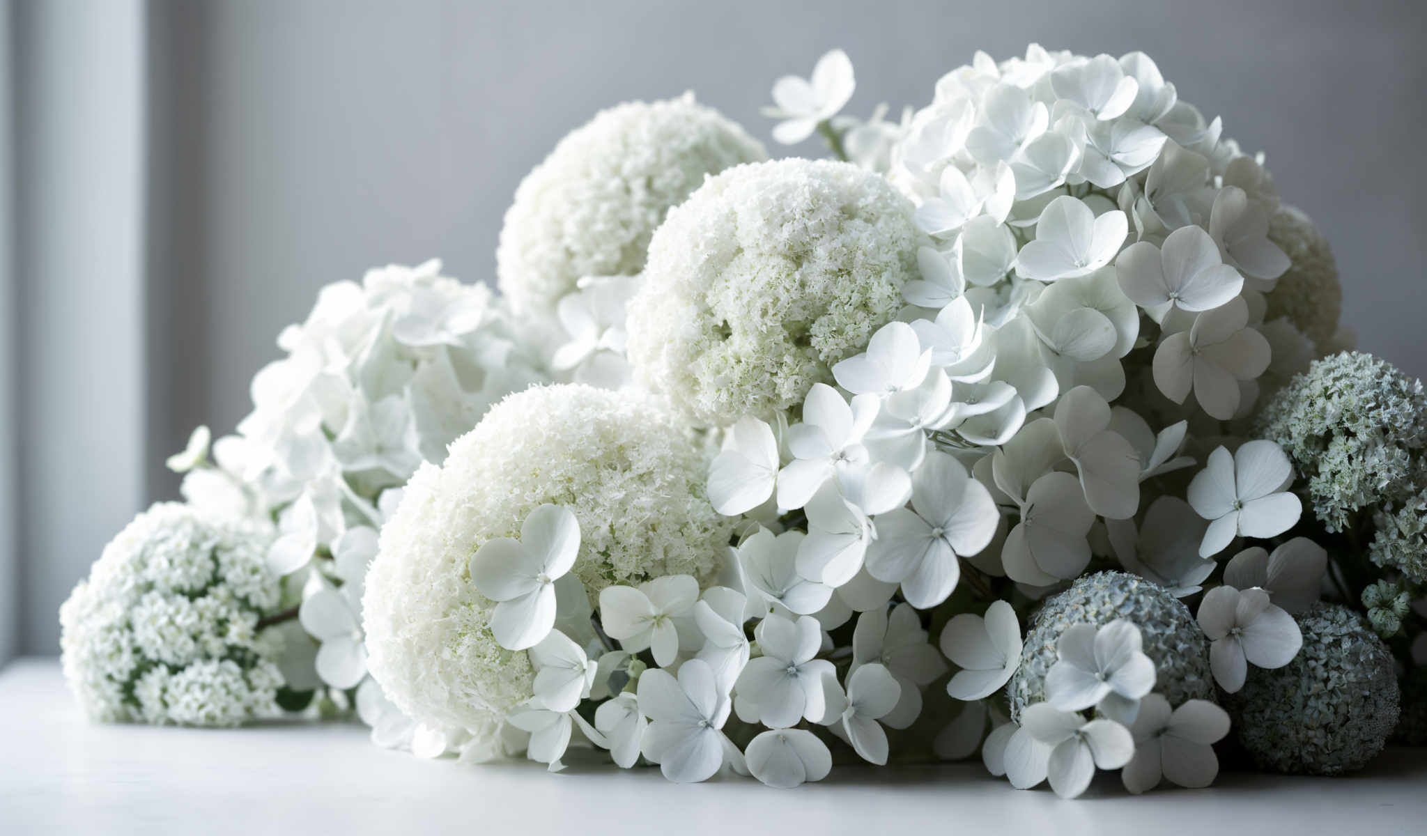 A cluster of white flowers including hydrangeas and baby's breath are arranged in a loose bouquet. The flowers are in various stages of bloom creating a dynamic and natural look. The background is a light gray color which contrasts with the white flowers and allows them to stand out. The image does not contain any text or other objects. The focus is solely on the flowers and their arrangement.