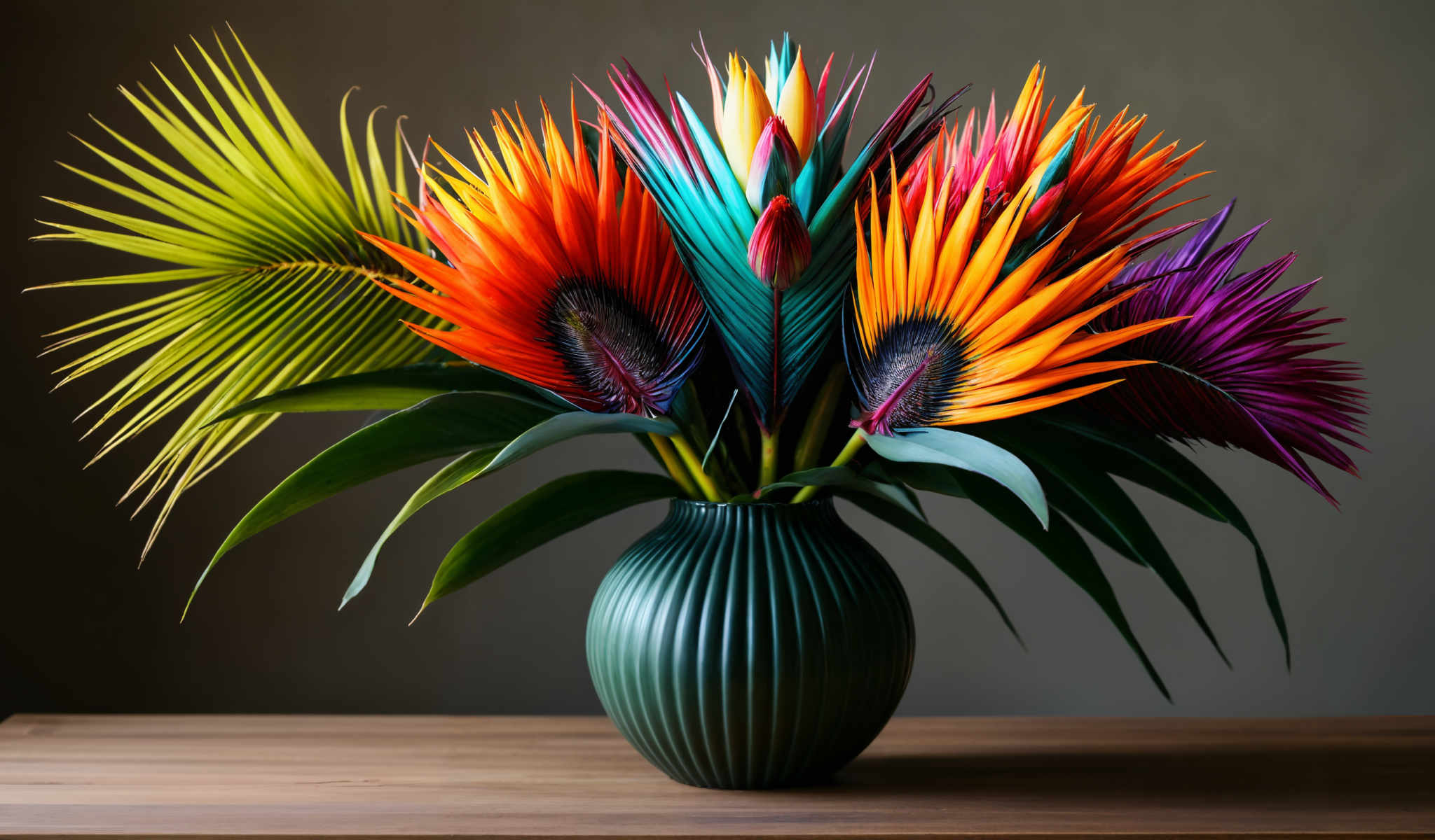 A vibrant bouquet of flowers in a green vase. The flowers are a mix of orange yellow and pink with a few blue and purple accents. The vase is placed on a wooden table.