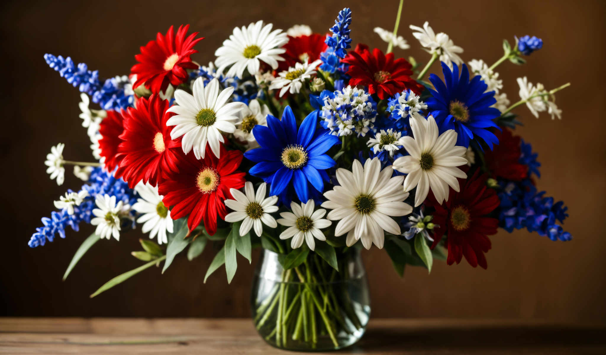 A beautiful bouquet of flowers in a glass vase. The bouquet is a mix of red white and blue flowers. The red flowers are daisies the white flowers are baby's breath and the blue flowers are cornflowers. The vase is made of clear glass and has a green stem. The flowers are arranged in a loose natural style. The background is a dark brown color.