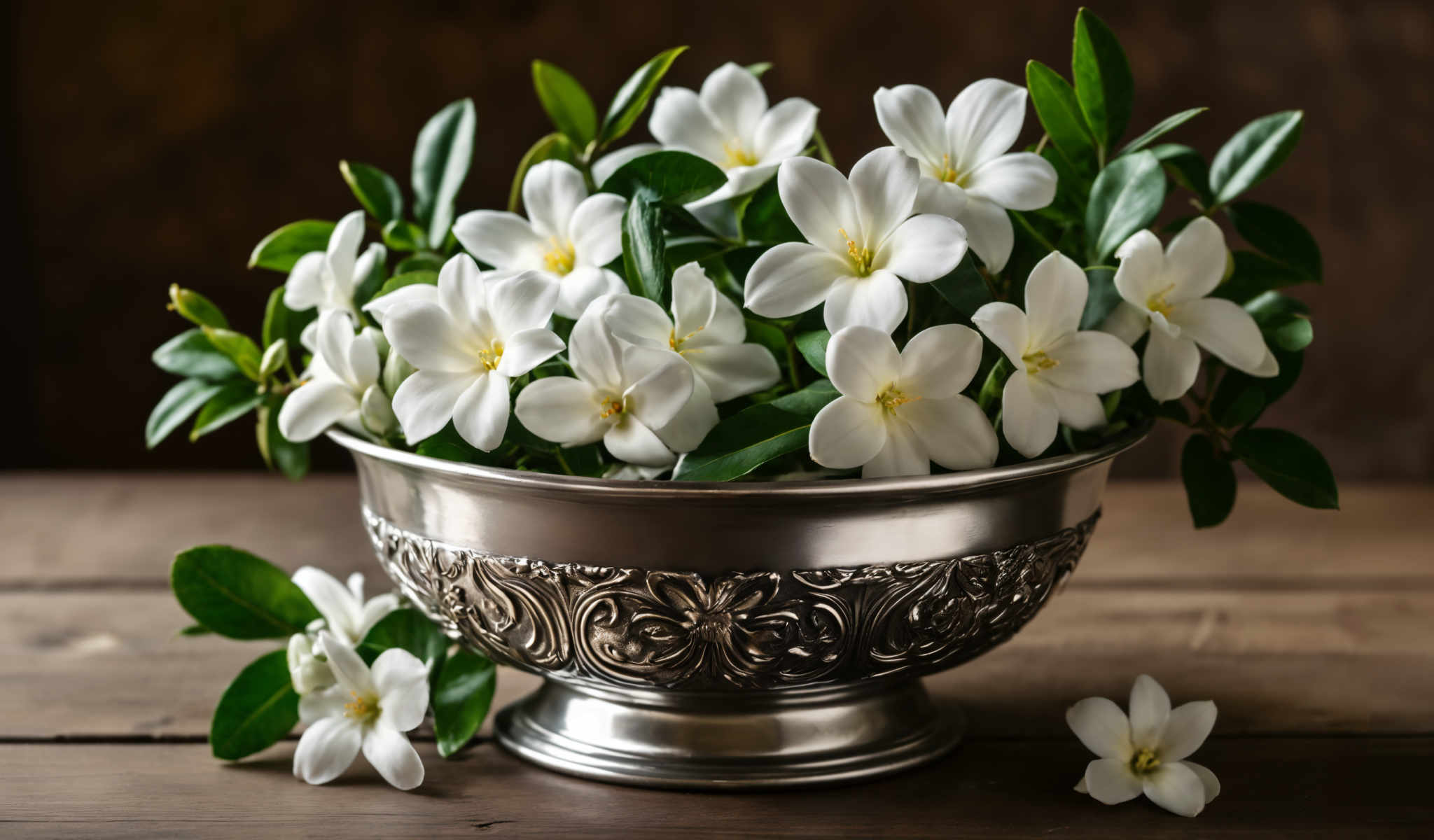 A silver bowl filled with white flowers.