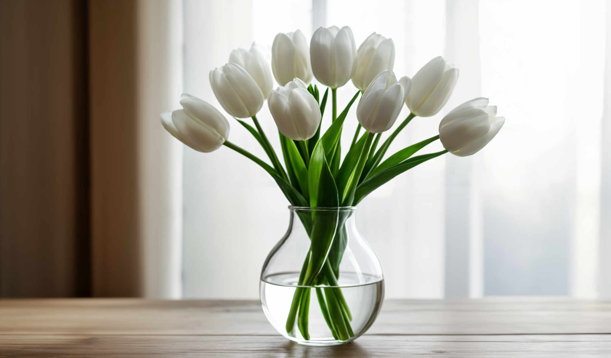 A clear glass vase holds a bouquet of white tulips.