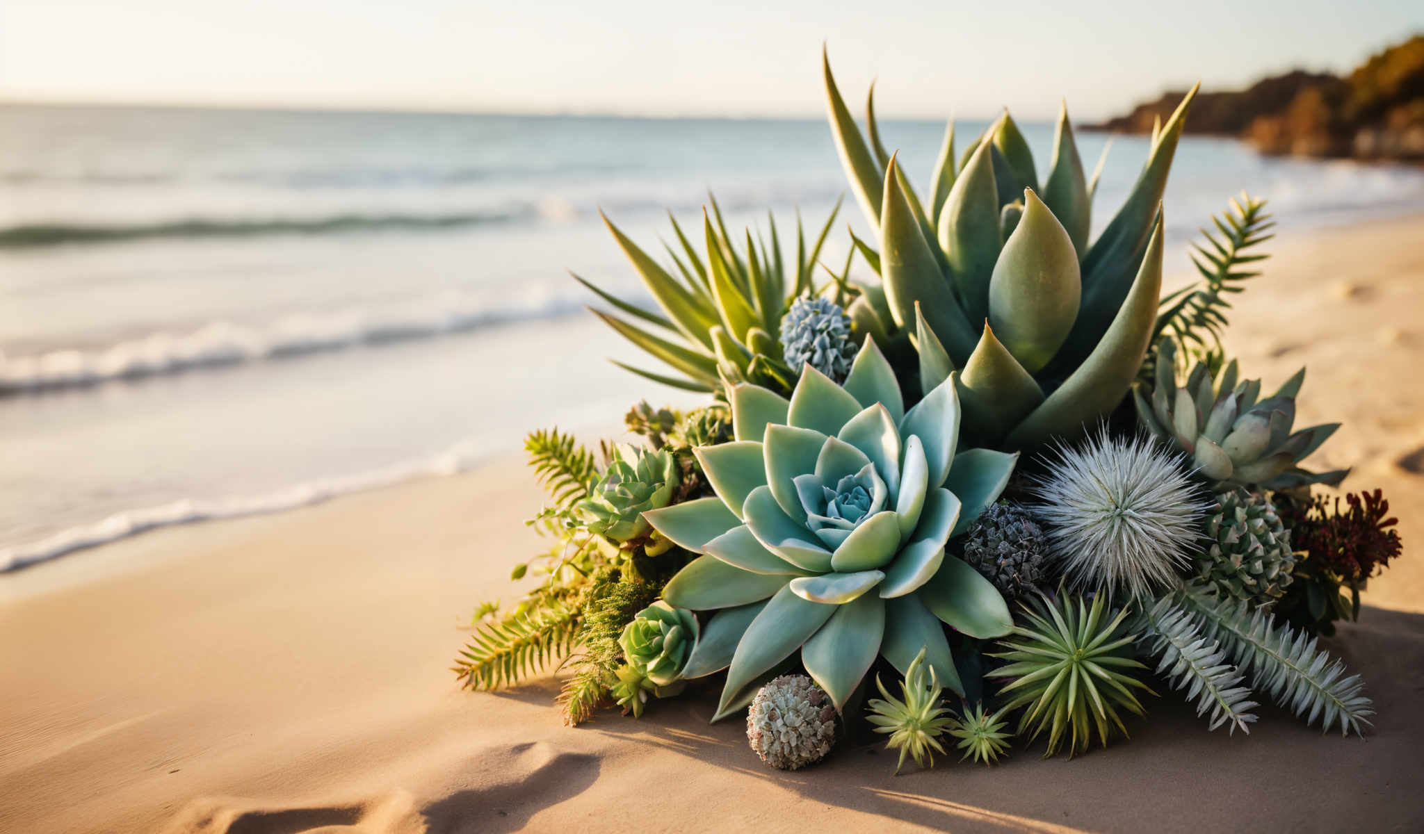 A beautiful arrangement of cacti and succulents on a sandy beach.