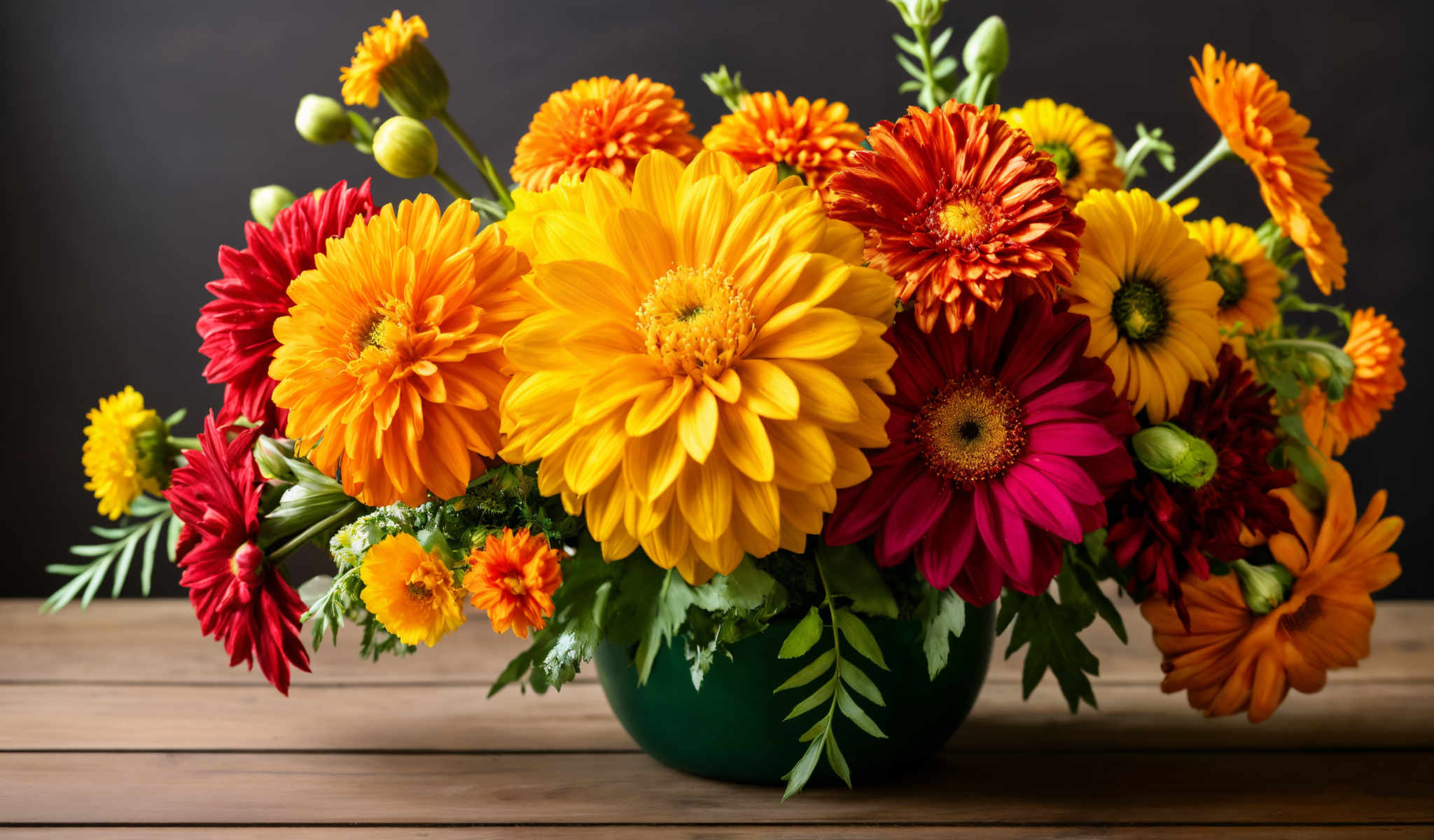 A vibrant bouquet of flowers in a green vase. The bouquet is a lively mix of orange yellow and red flowers. The flowers are arranged in a loose natural style giving the bouquet a fresh and organic feel. The green vase holding the flowers is round and has a small handle on the side adding a touch of elegance to the overall presentation. The background is a dark gray color which contrasts nicely with the bright colors of the flowers and vase making them stand out even more. The image does not contain any text or other objects. The focus is solely on the beautiful bouquet of colorful flowers.