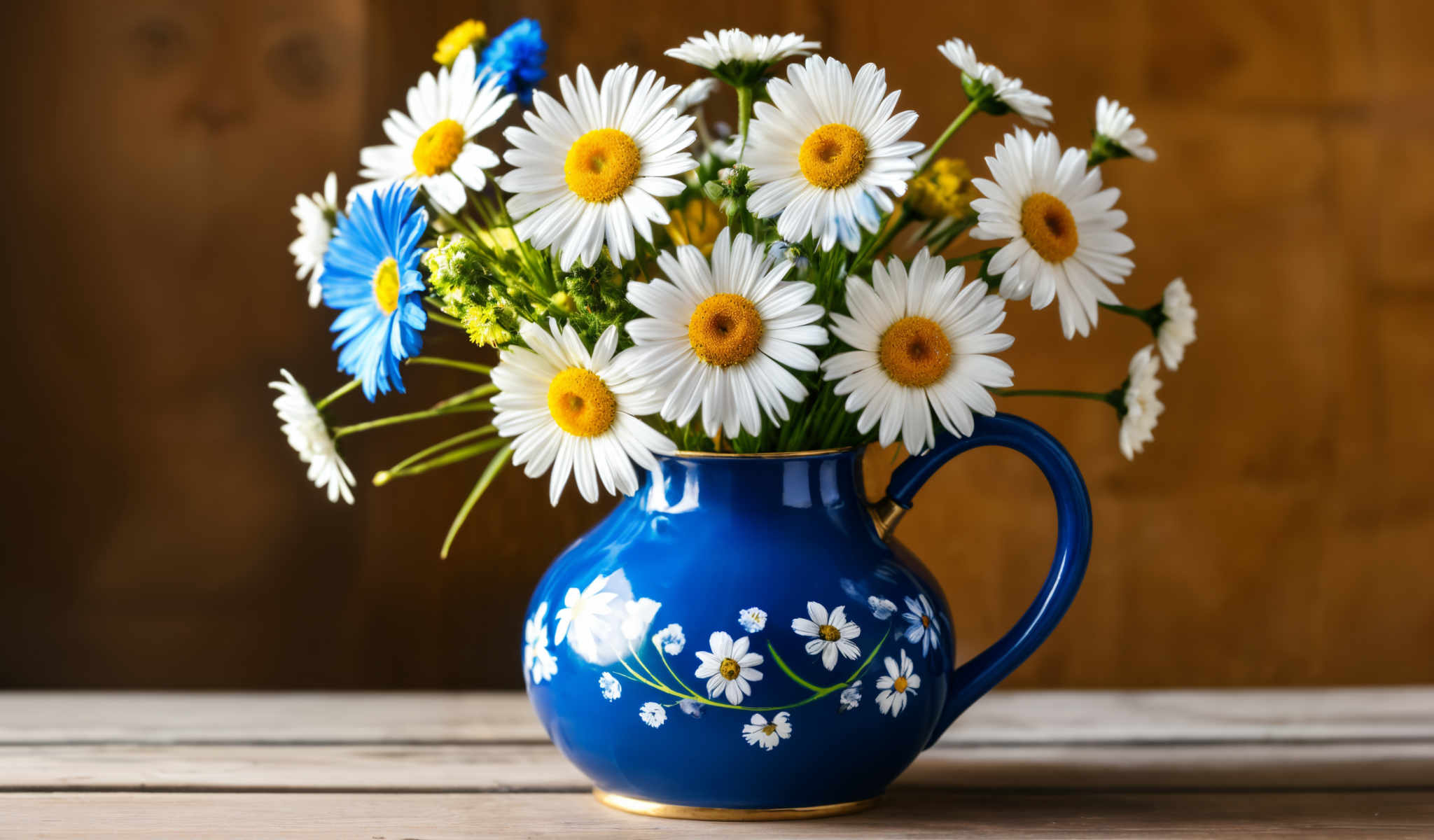 A blue vase with white flowers and a handle on the side.