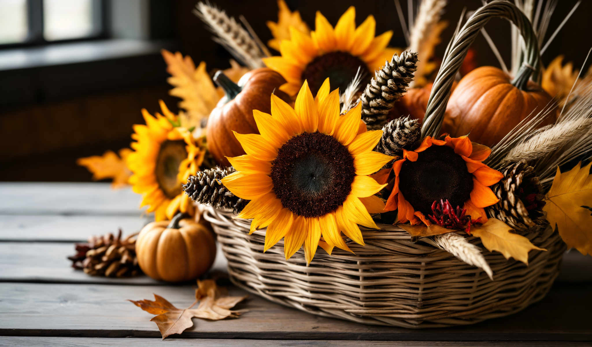 A basket of sunflowers and pumpkins.