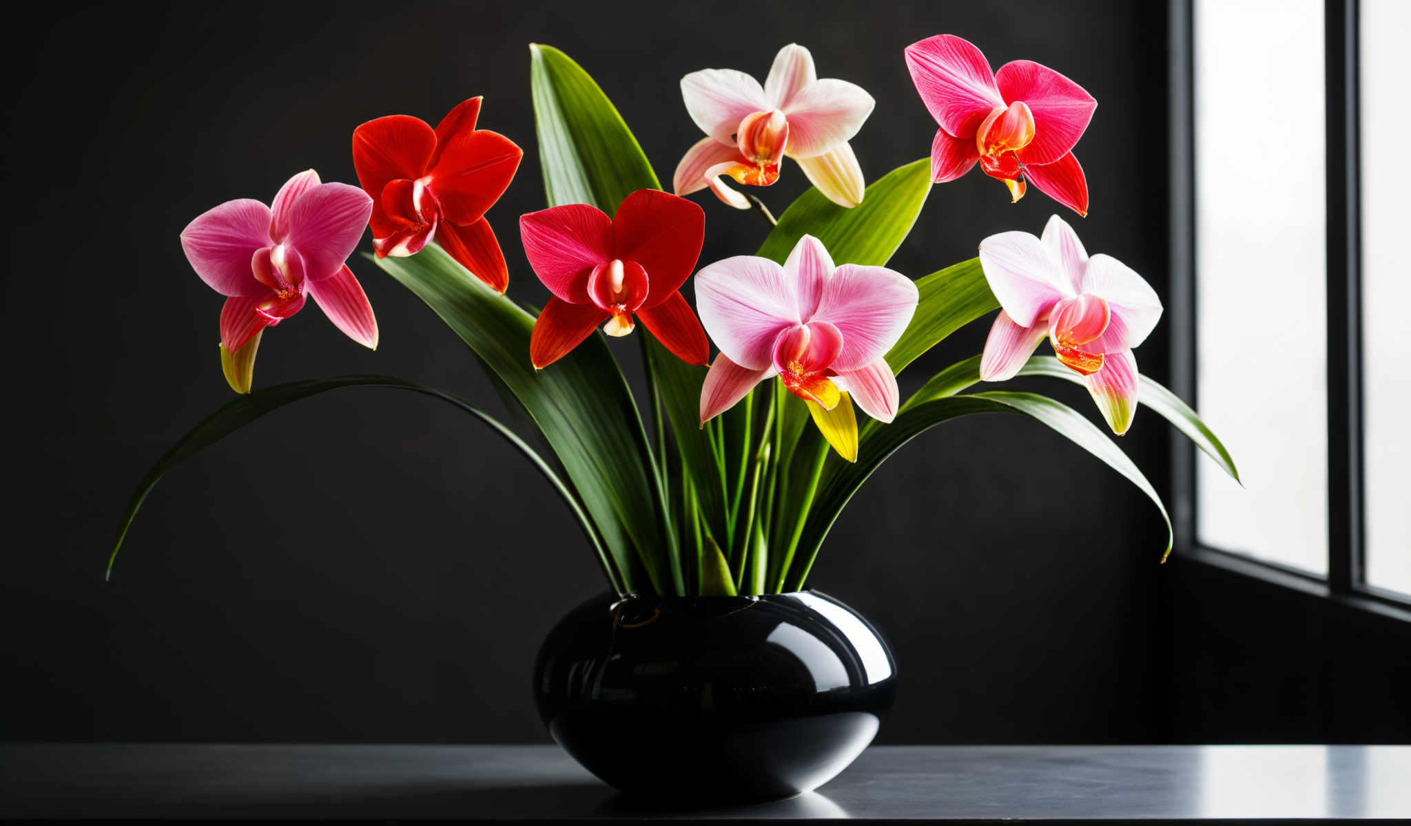 A black vase holds a bouquet of 12 orchids. The orchids are a mix of red pink and yellow.