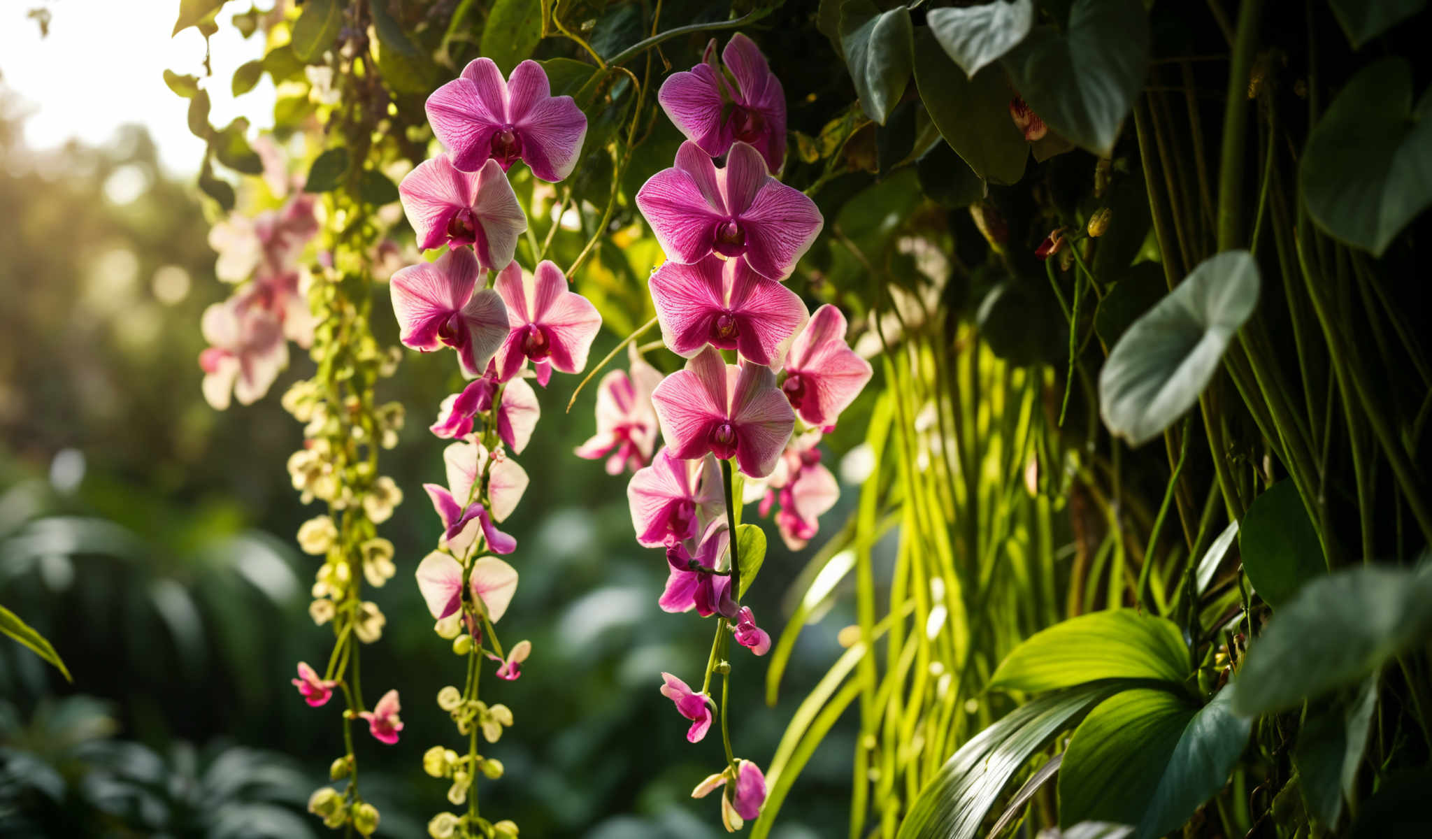 A cluster of pink orchids hanging from a tree.