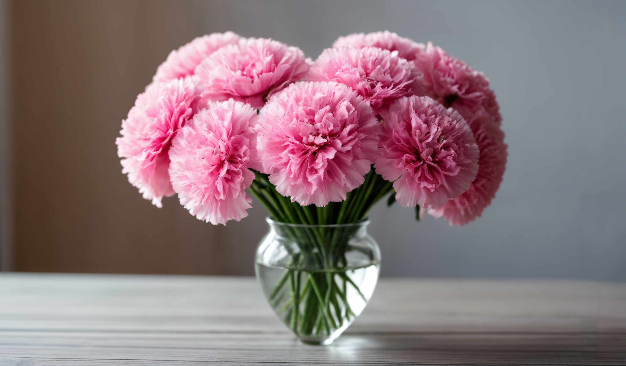 A bouquet of pink flowers in a glass vase.