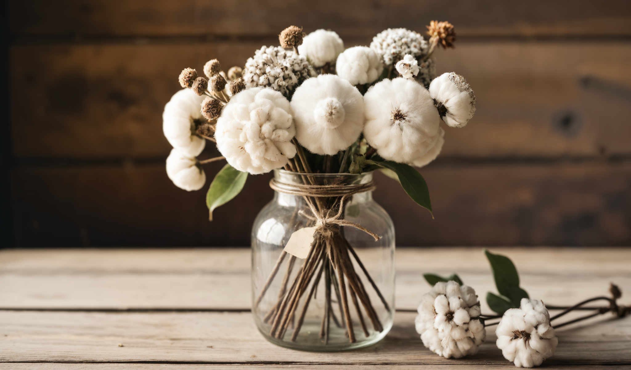 A glass jar filled with white flowers and green leaves.