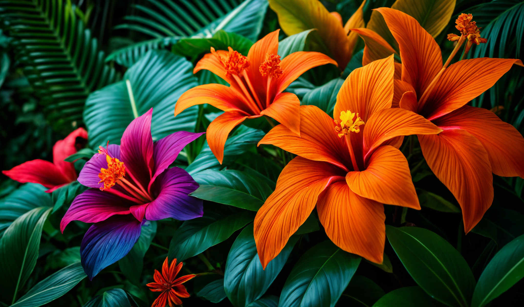 A vibrant display of three exotic flowers each with its own unique color and shape. The flowers are set against a backdrop of lush green leaves creating a striking contrast. 

On the left a purple flower stands out with its deep rich hue. It's slightly smaller than the other two flowers but its color is just as captivating. 

In the center an orange flower takes the spotlight. It has a slightly larger surface area than the purple flower and its bright orange color is truly eye-catching. 

To the right a yellow flower completes the trio. It mirrors the size of the orange flower but with a lighter more delicate color. 

Each flower is in full bloom their petals open wide to reveal their inner beauty. The green leaves surrounding them provide a natural frame drawing the viewer's attention to the flowers. 

This image captures the beauty of nature in a single frame showcasing the diversity and vibrancy of flora.