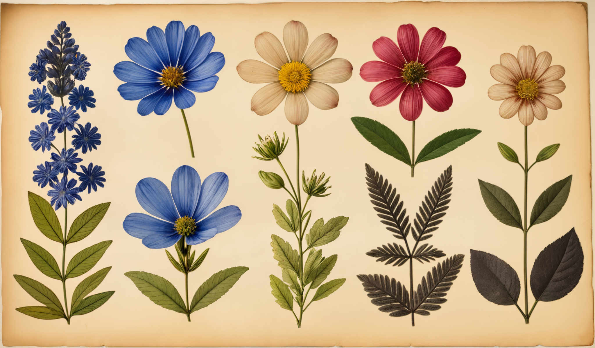 The image presents a collection of nine distinct flowers each with its own unique color and shape. The flowers are arranged in a grid-like pattern with three rows and three columns. 

Starting from the top left there's a blue flower with a yellow center followed by a white flower with yellow petals. The third flower in the top row is a red flower with green leaves. 

In the middle row the first flower is a blue one with a white center the second one is a white one with blue petals and the third one is another blue flower this time with a red center.

The bottom row features a blue and white flower on the left a white and green flower in between and a black and white one on the right. 

Each flower is intricately detailed showcasing the beauty of nature in a digital form. The colors are vibrant and the shapes are unique making each flower stand out from the others.