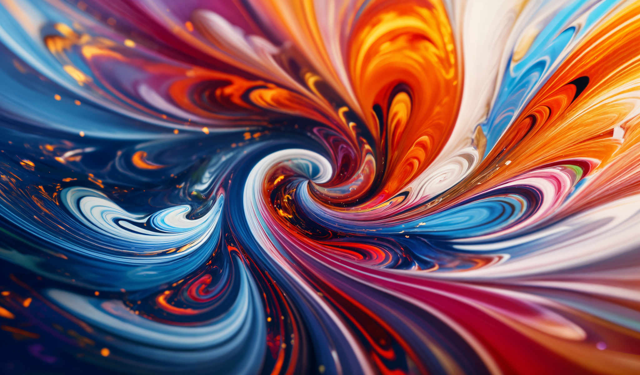 A vibrant abstract painting with a swirling pattern of blue orange and purple colors.