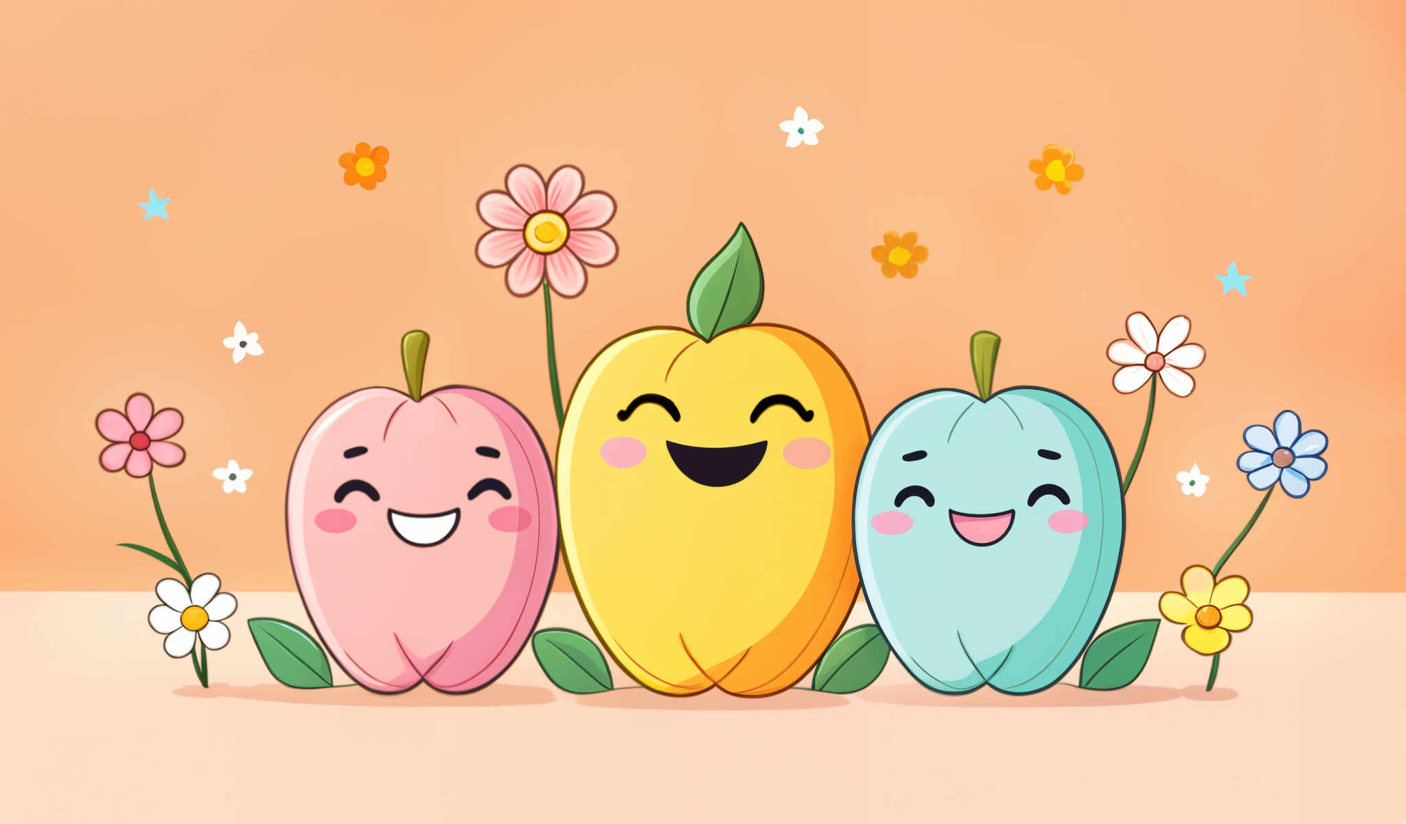 Three cartoon apples are smiling and one of them is wearing a green leaf. They are surrounded by flowers and leaves.