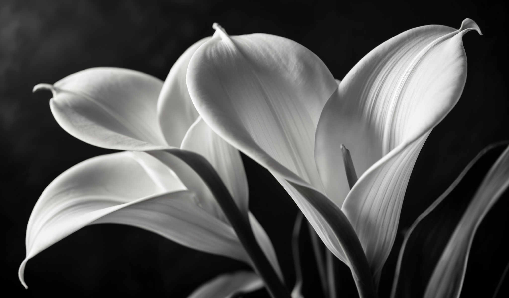 A black and white photo of a flower with six petals.