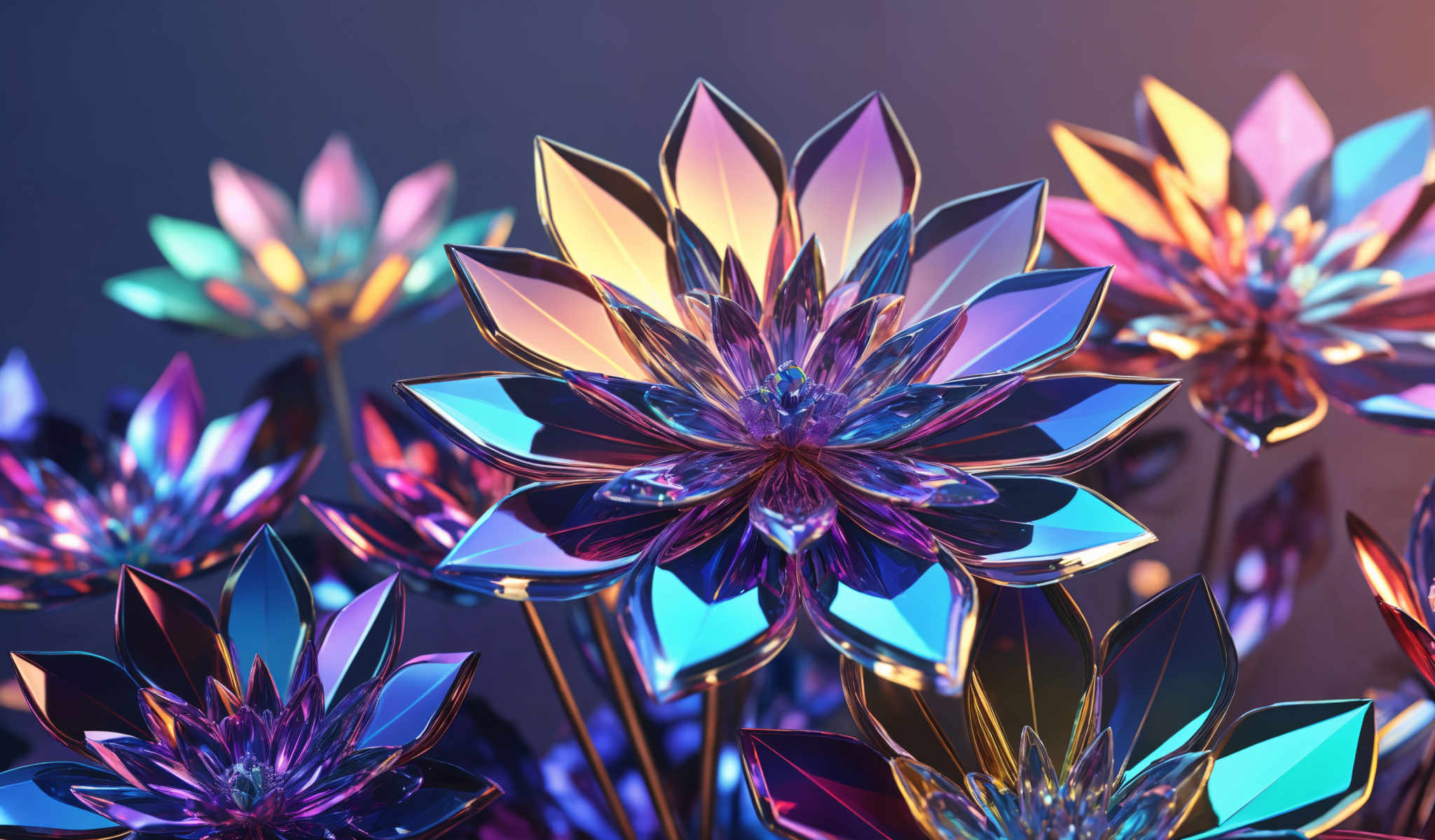 A beautiful colorful flower made of glass. The flower is made up of numerous petals in shades of blue purple and pink. The center of the flower is a deep purple color. The petals are arranged in a circular pattern creating a stunning visual effect. The glass petals catch the light giving the flower a vibrant and lively appearance. The background is a dark blue color which contrasts with the bright colors of the petals and makes the flower stand out even more. The image is a close-up shot allowing the viewer to see the intricate details of the glass flower. The overall effect is a captivating and visually stunning image.