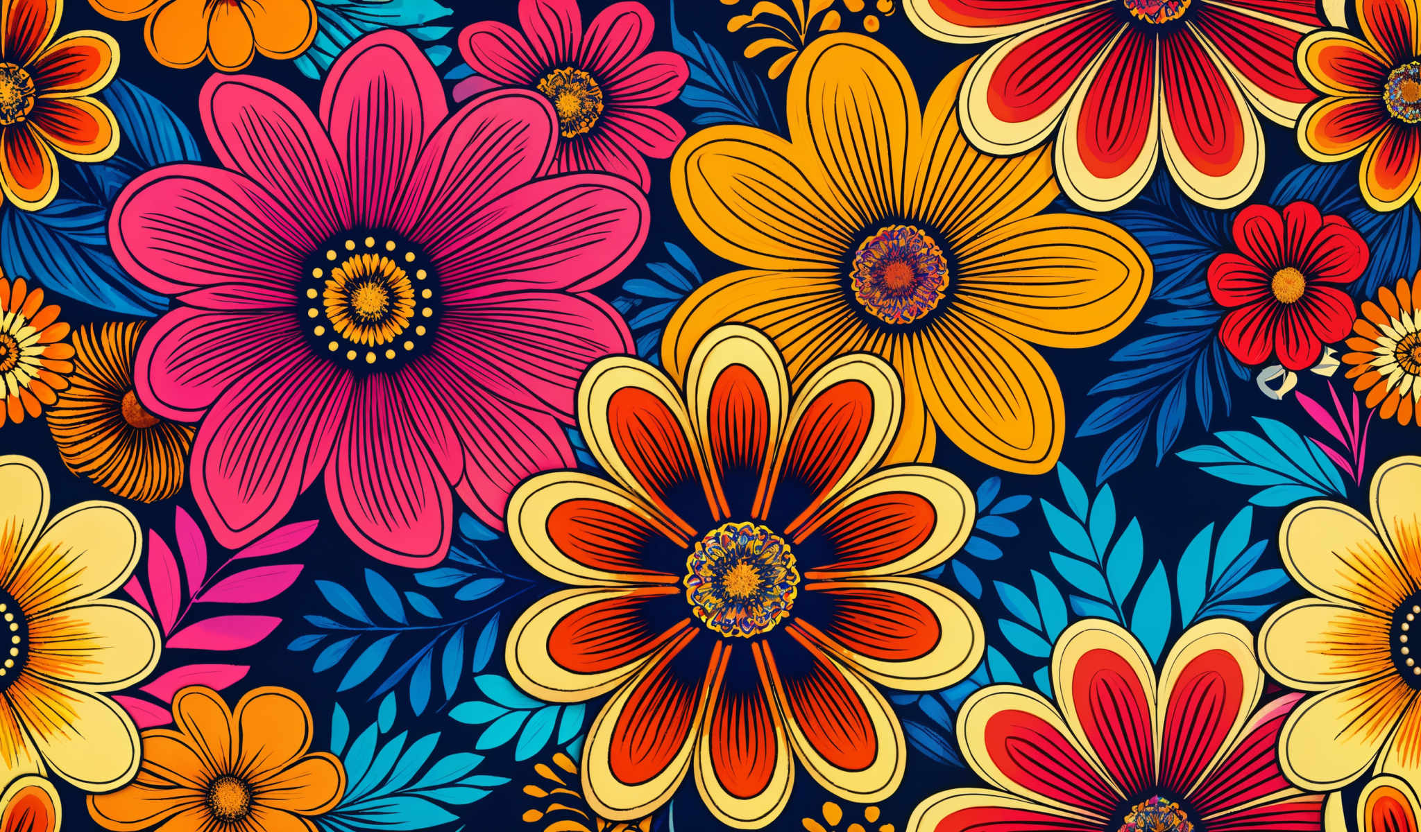 A vibrant display of flowers in various colors including pink yellow and orange. Each flower is intricately designed with a yellow center and surrounded by petals in different hues. The flowers are arranged in a repeating pattern creating a sense of continuity and harmony. The background is a deep blue providing a stark contrast to the bright colors of the flowers. This image is a beautiful representation of nature's diversity and the beauty of flowers.