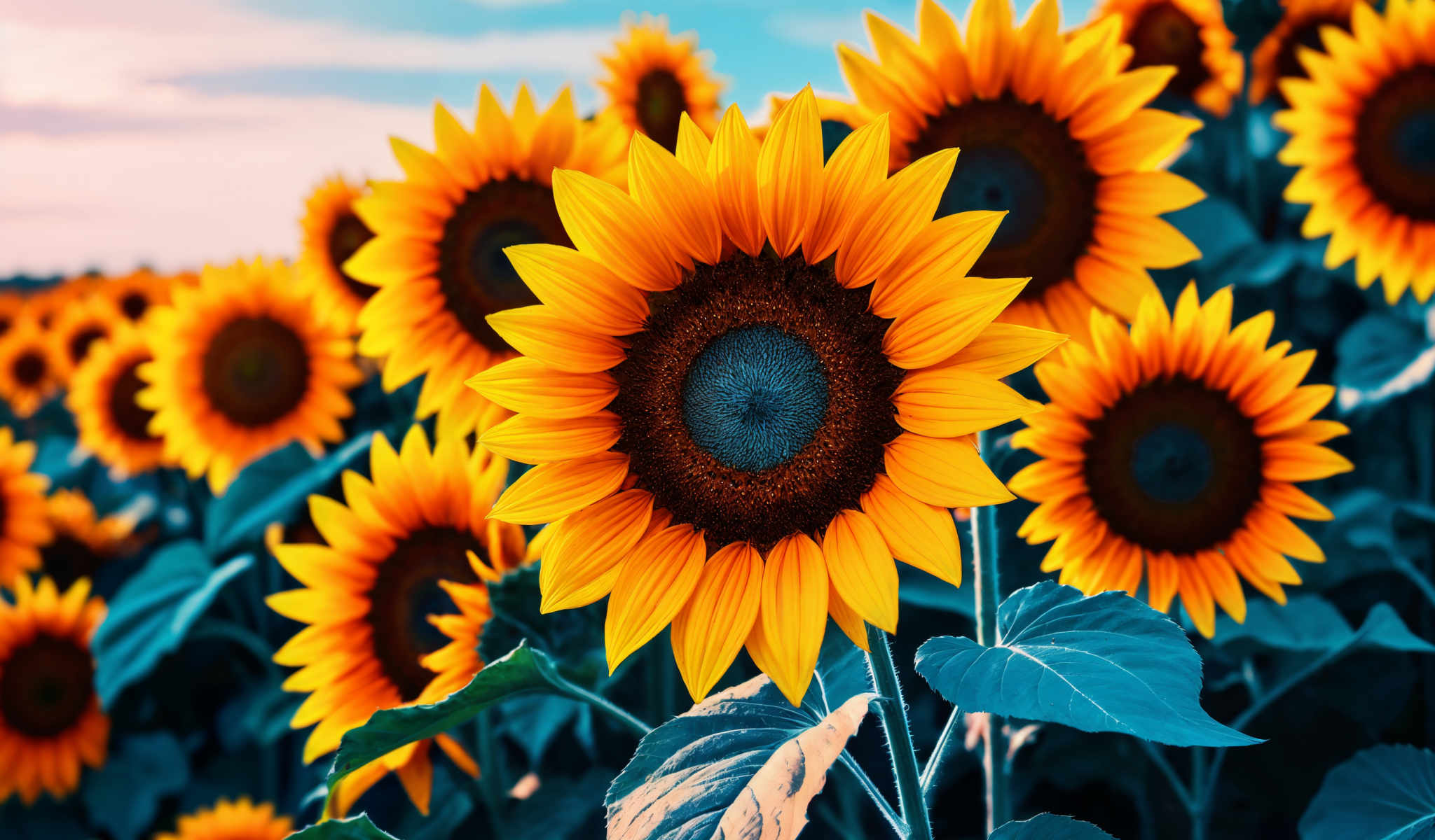 A vibrant image of a sunflower with a blue center and yellow petals.