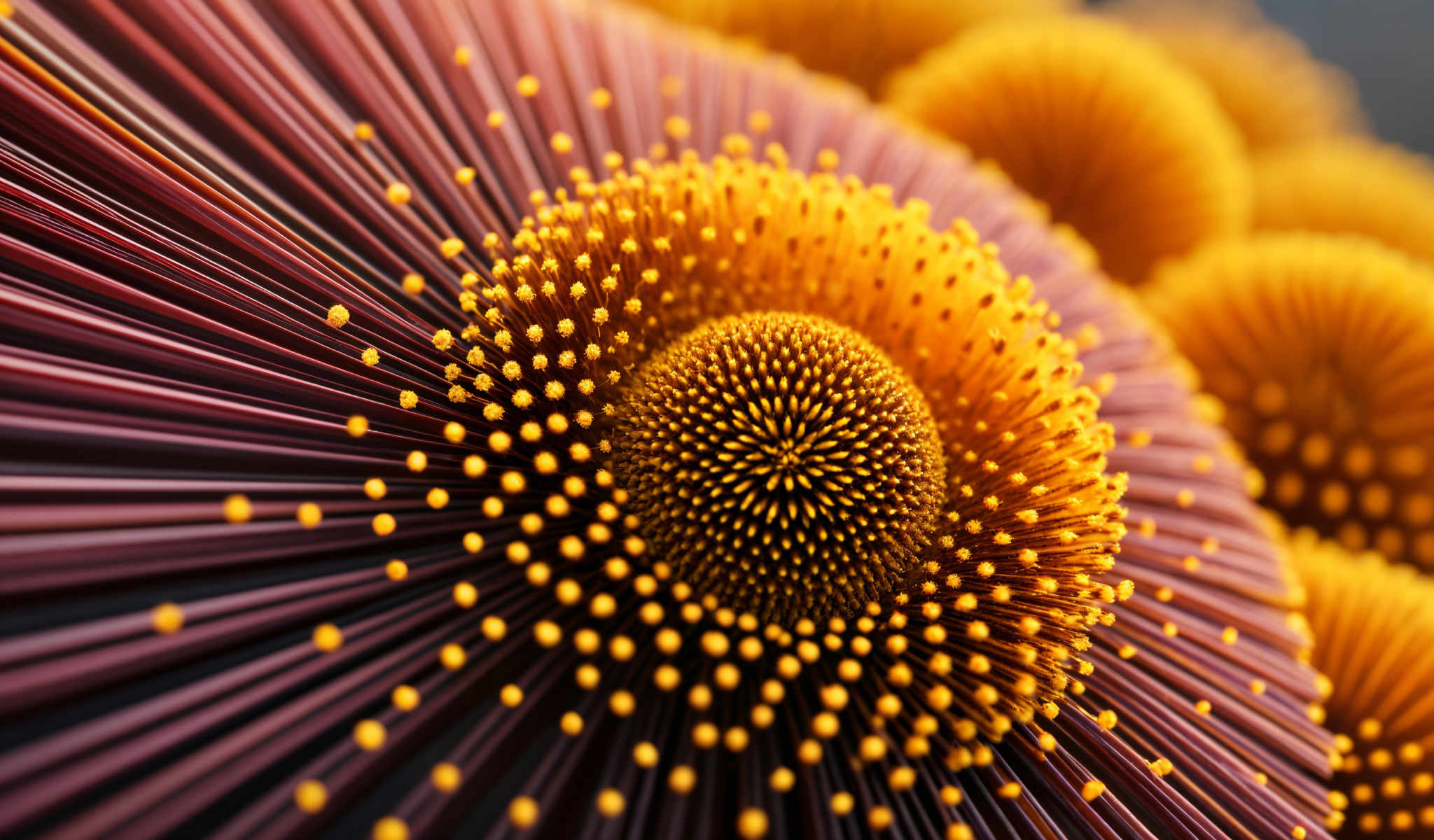 A close up of a flower with yellow petals and brown stems.